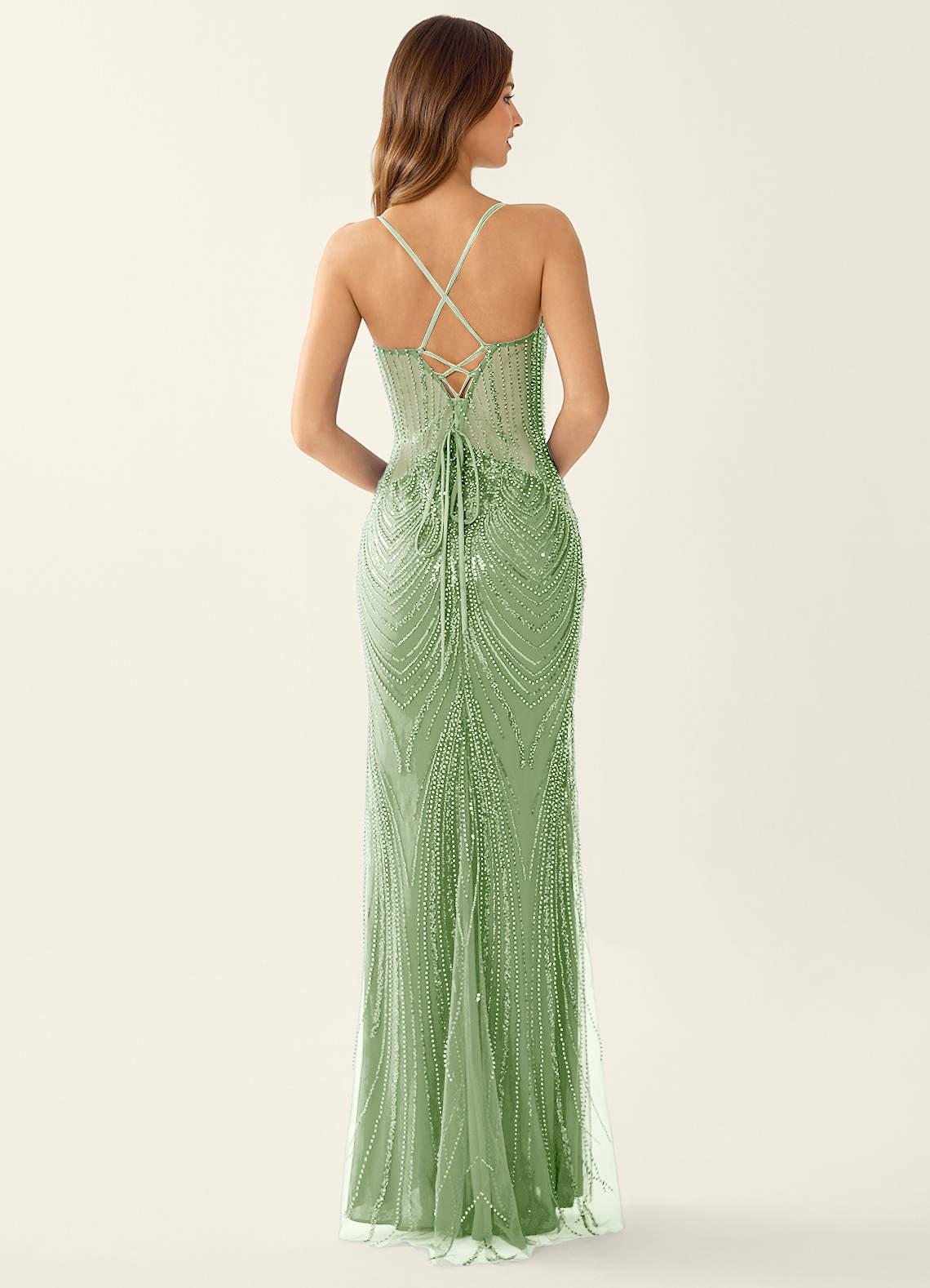 Magnolia Mermaid Beaded Sequined Stretch Mesh Evening Dress in Light Green