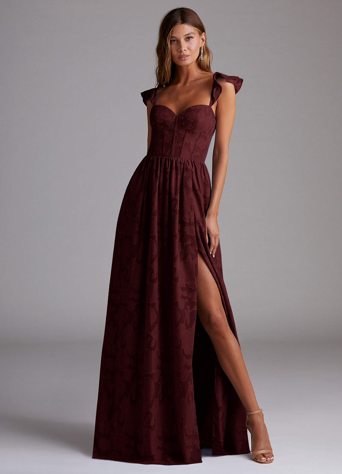 Denisse A-Line Sweetheart Floral Burnout Wedding Guest Dress in Wine