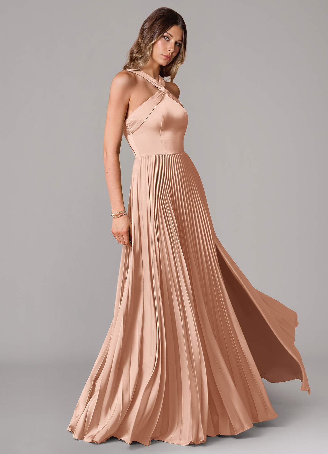 Afra A-Line Halter-Neck Stretch Satin Bridesmaid Dress in rose gold