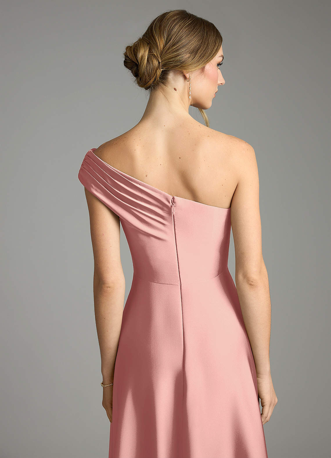 Melanie A-Line One-Shoulder Stretch Satin Bridesmaid Dress in Rosette