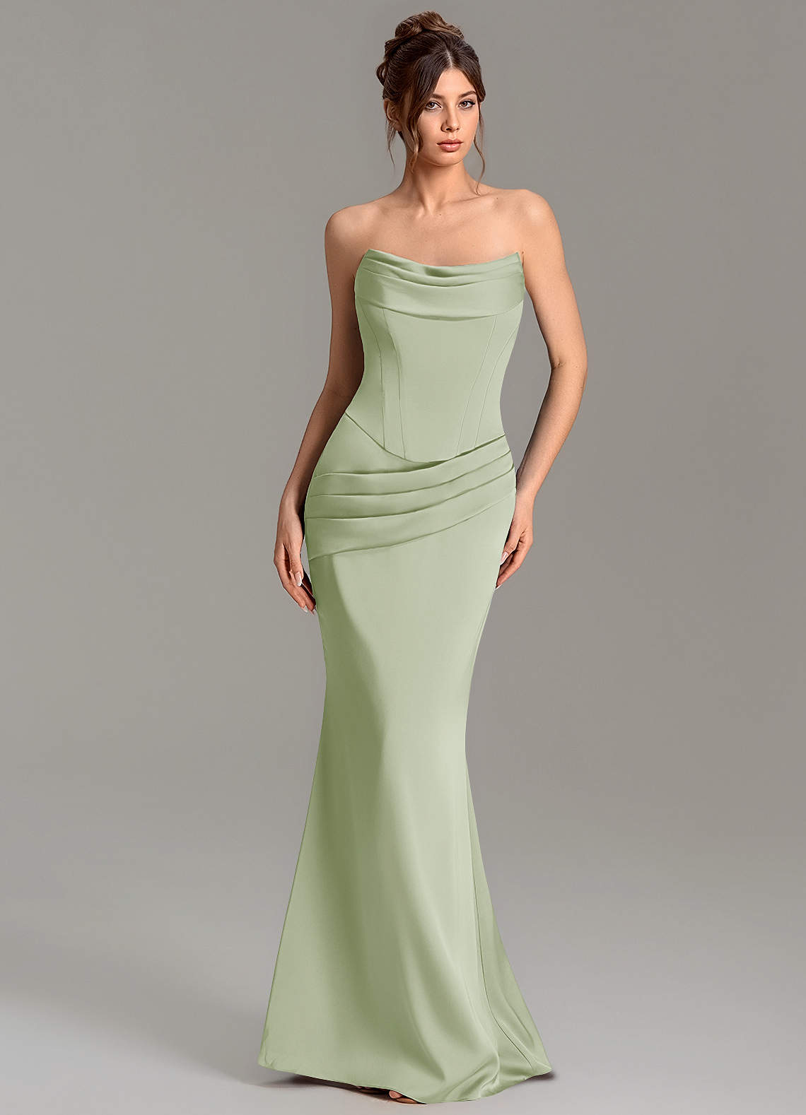 Adrienne Mermaid Cowl-Neck Stretch Satin Bridesmaid Dress in Dusty Sage