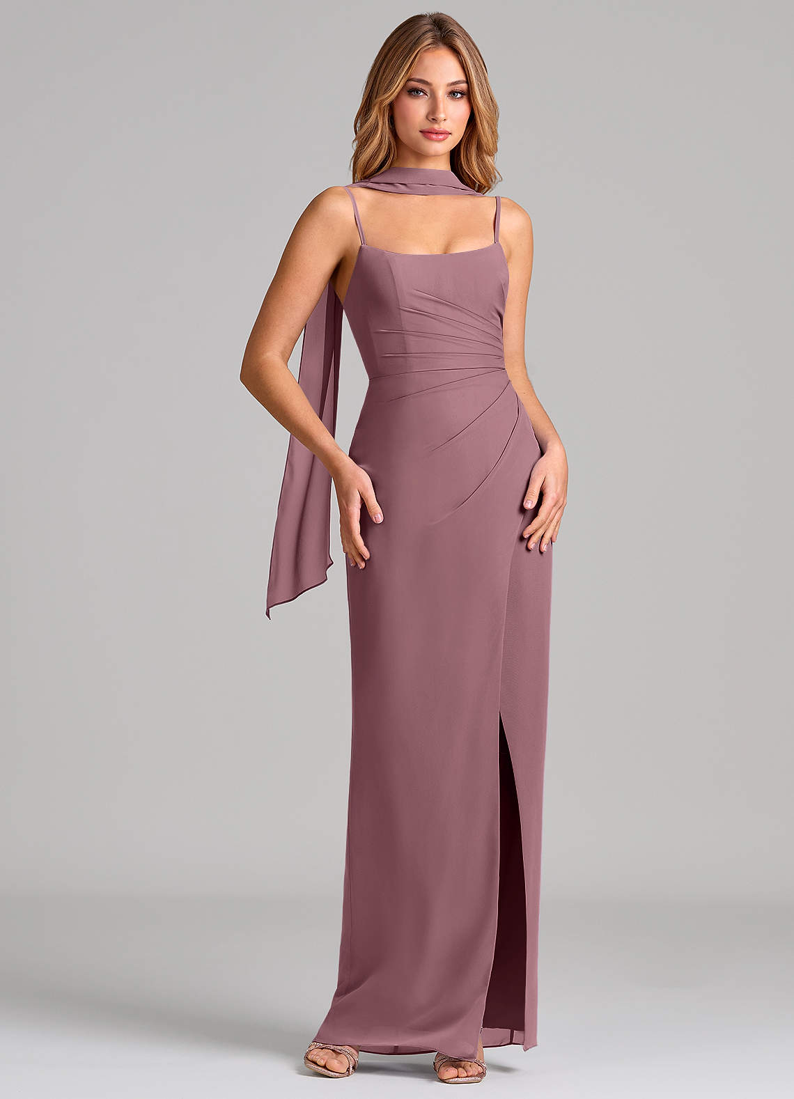 Calandra Sheath Scoop-Neck Chiffon Bridesmaid Dress in Amethyst