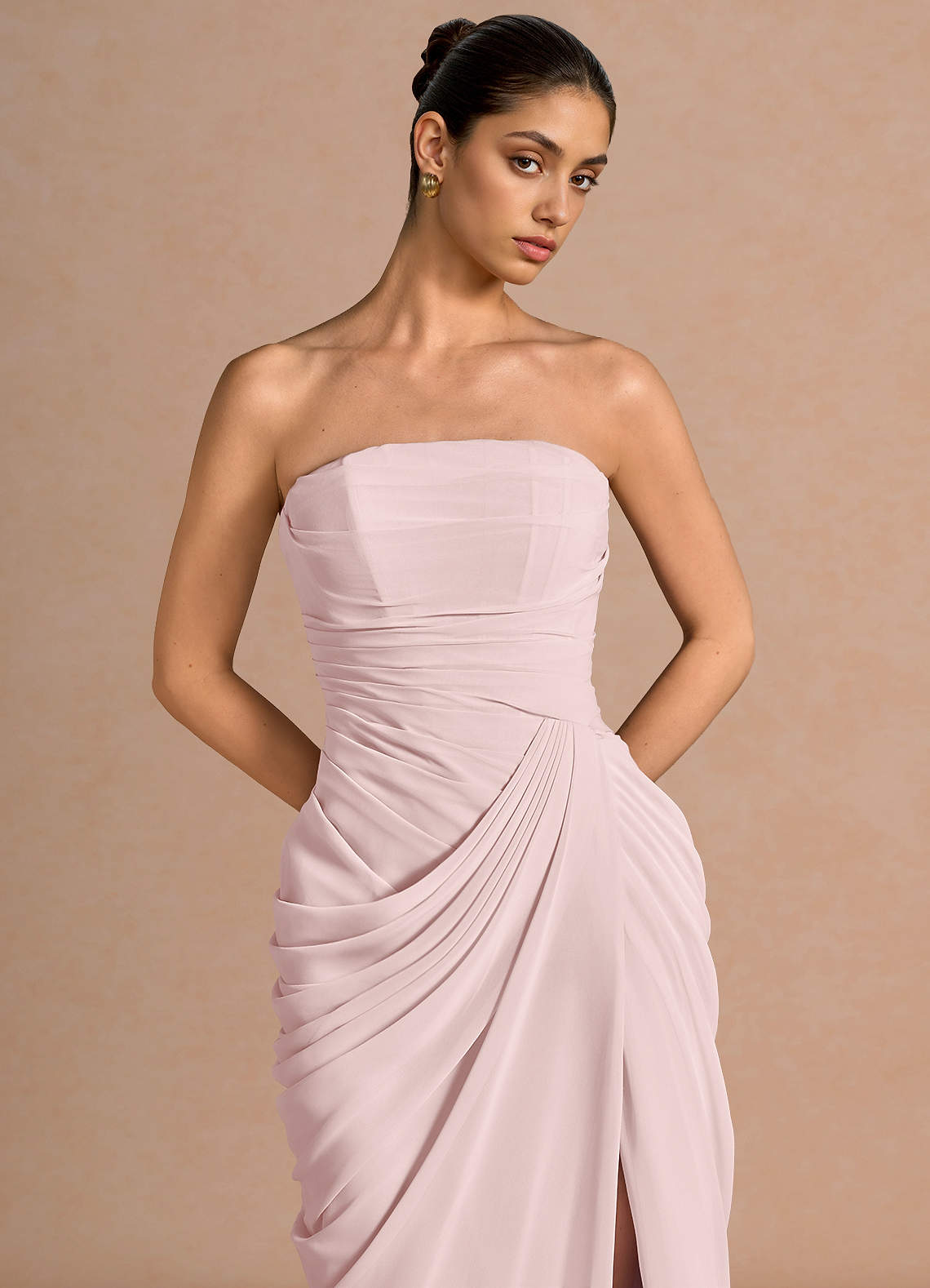 Kaavia Column Pleated Chiffon Midi Evening Dress in Powder Pink