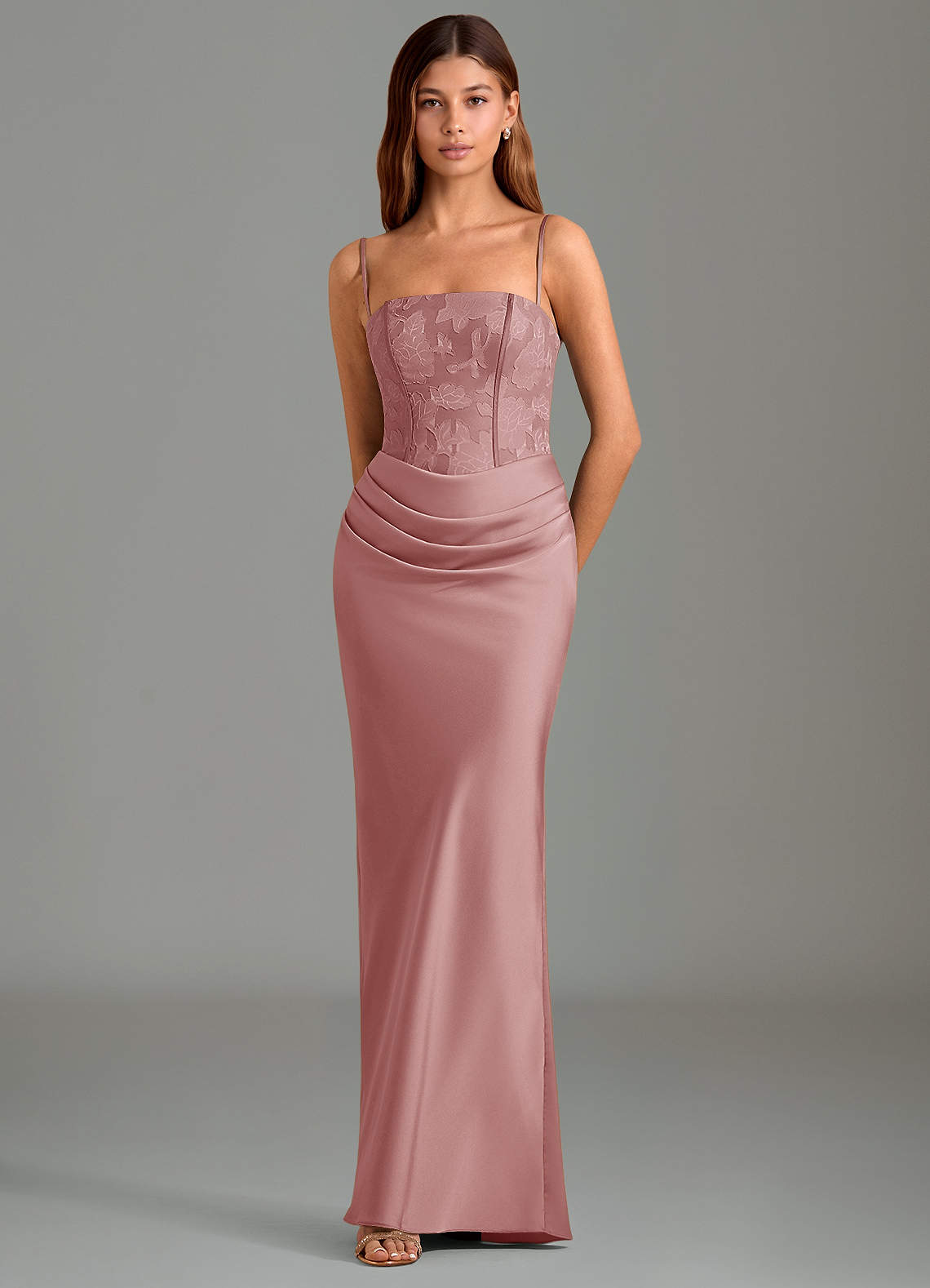 Emilia Mermaid Strapless Stretch Satin and Floral Burnout Bridesmaid Dress in dusty rose