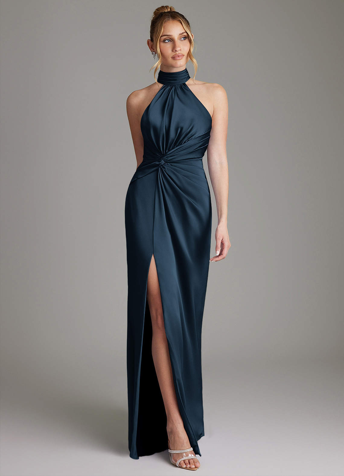 Gracelynn Sheath Halter Stretch Satin Bridesmaid Dress in Dark Navy