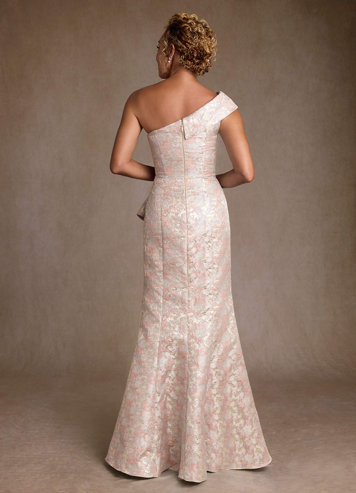 Hampton Mermaid One-Shoulder Jacquard Mother of the Bride Dress in Dusty Rose
