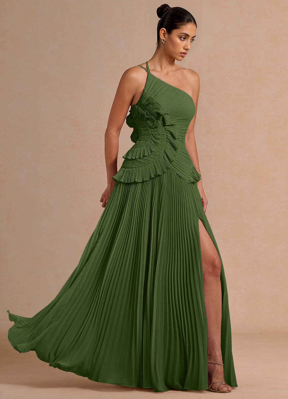 Melody A-Line One-Shoulder Chiffon Evening Dress in Olive