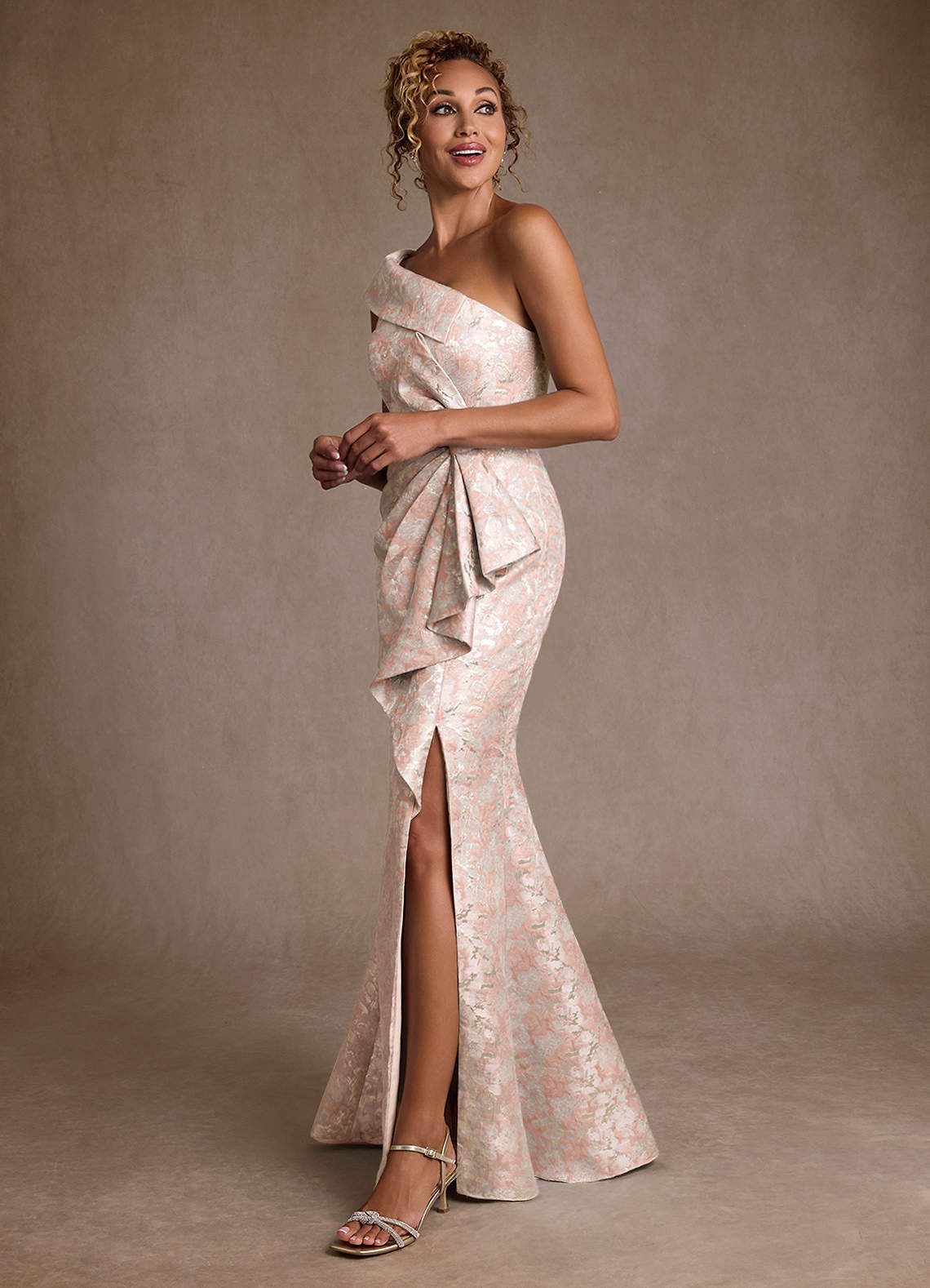 Hampton Mermaid One-Shoulder Jacquard Mother of the Bride Dress in Dusty Rose