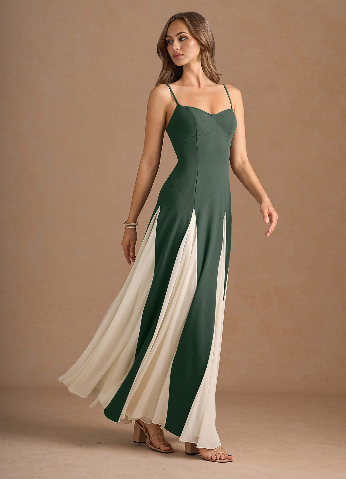 Jessenia A-Line Color-Block Crepe Chiffon Wedding Guest Dress in Eucalyptus