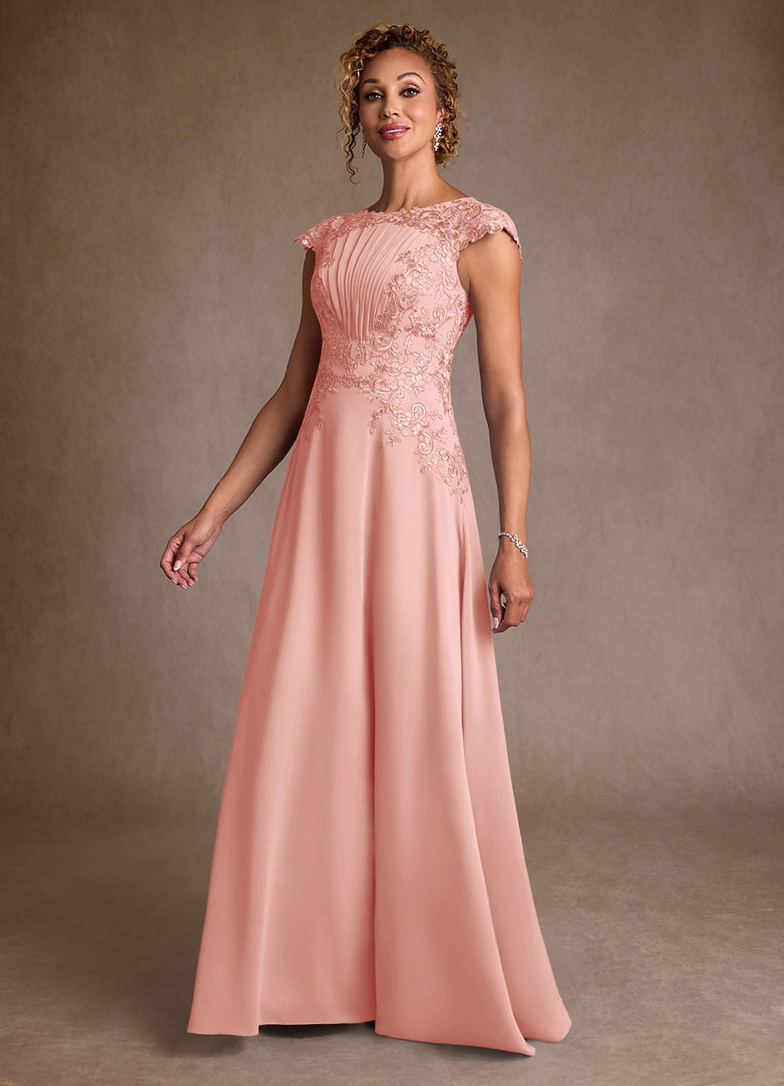 Christi A-Line Scoop-Neck Chiffon and Lace Mother of the Bride Dress in Rosette