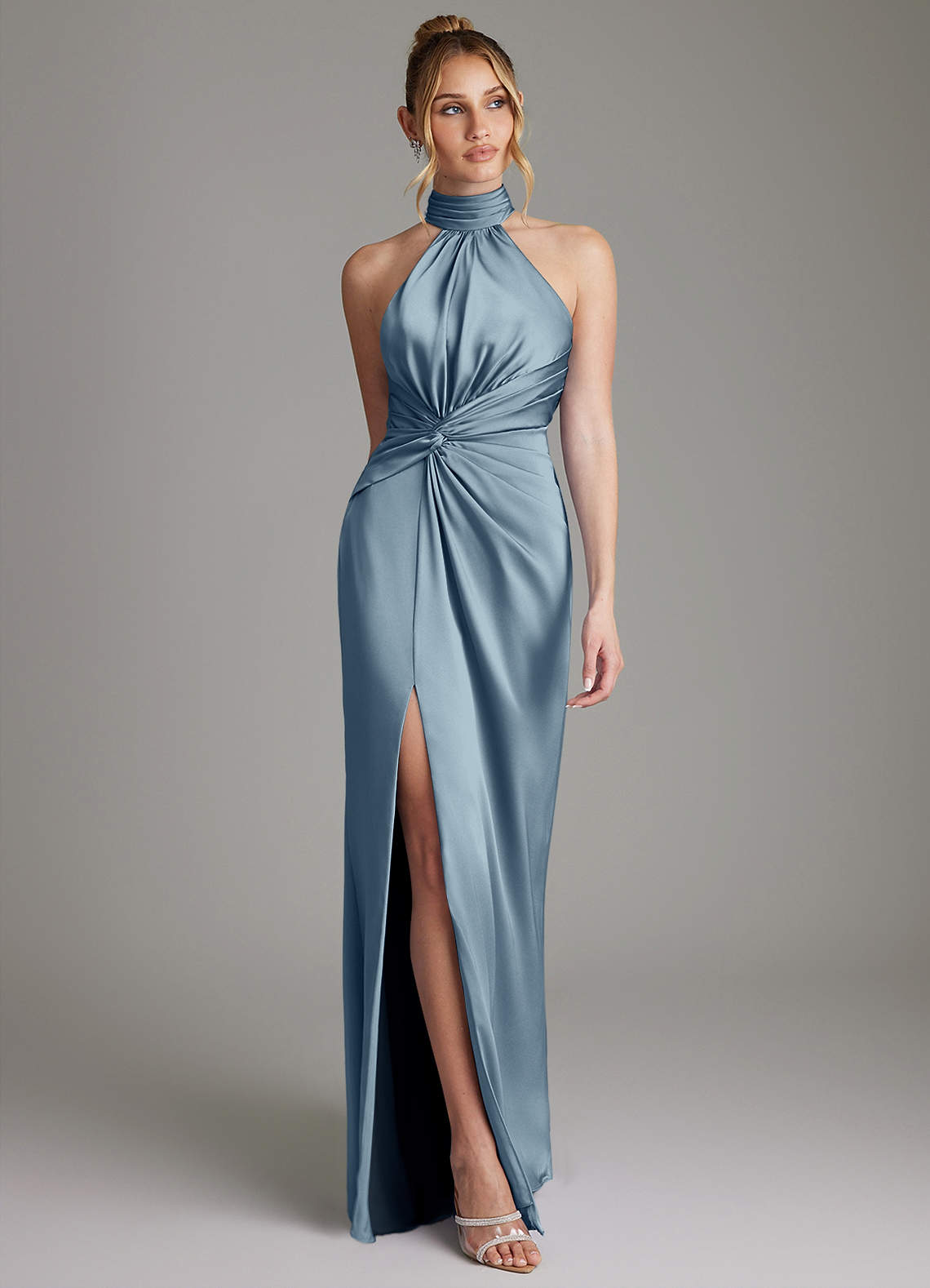Gracelynn Sheath Halter Stretch Satin Bridesmaid Dress in dusty blue