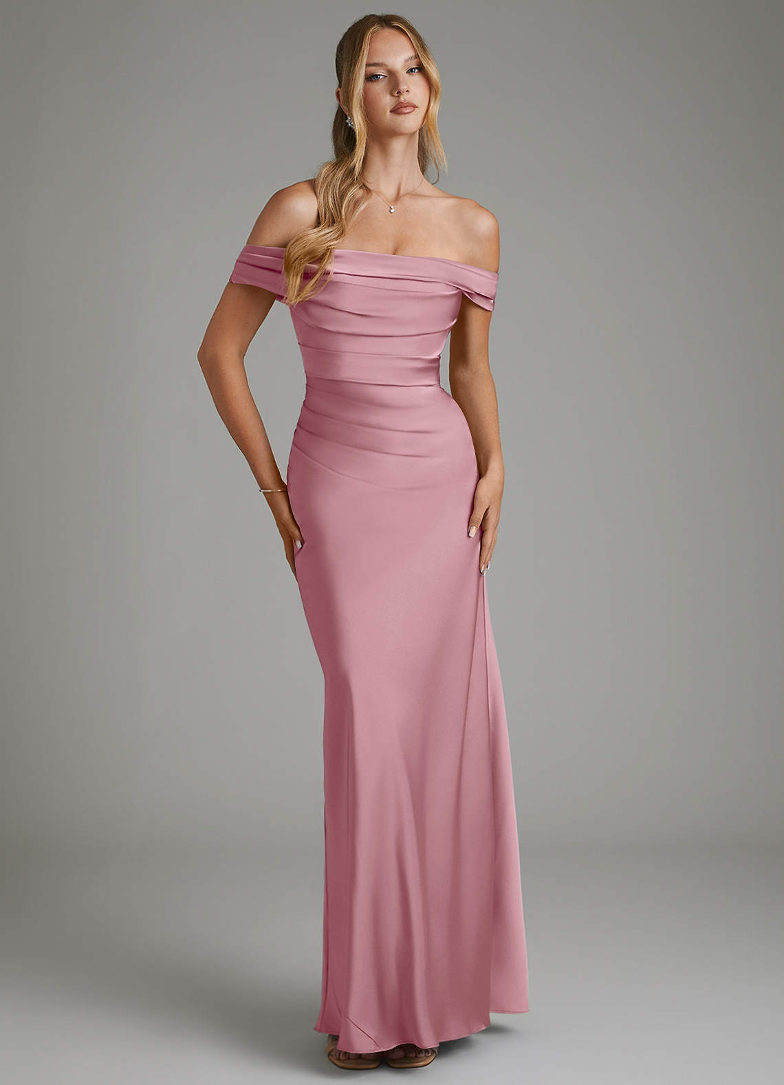 Hayden Mermaid Off-the-Shoulder Stretch Satin Bridesmaid Dress in Vintage Mauve
