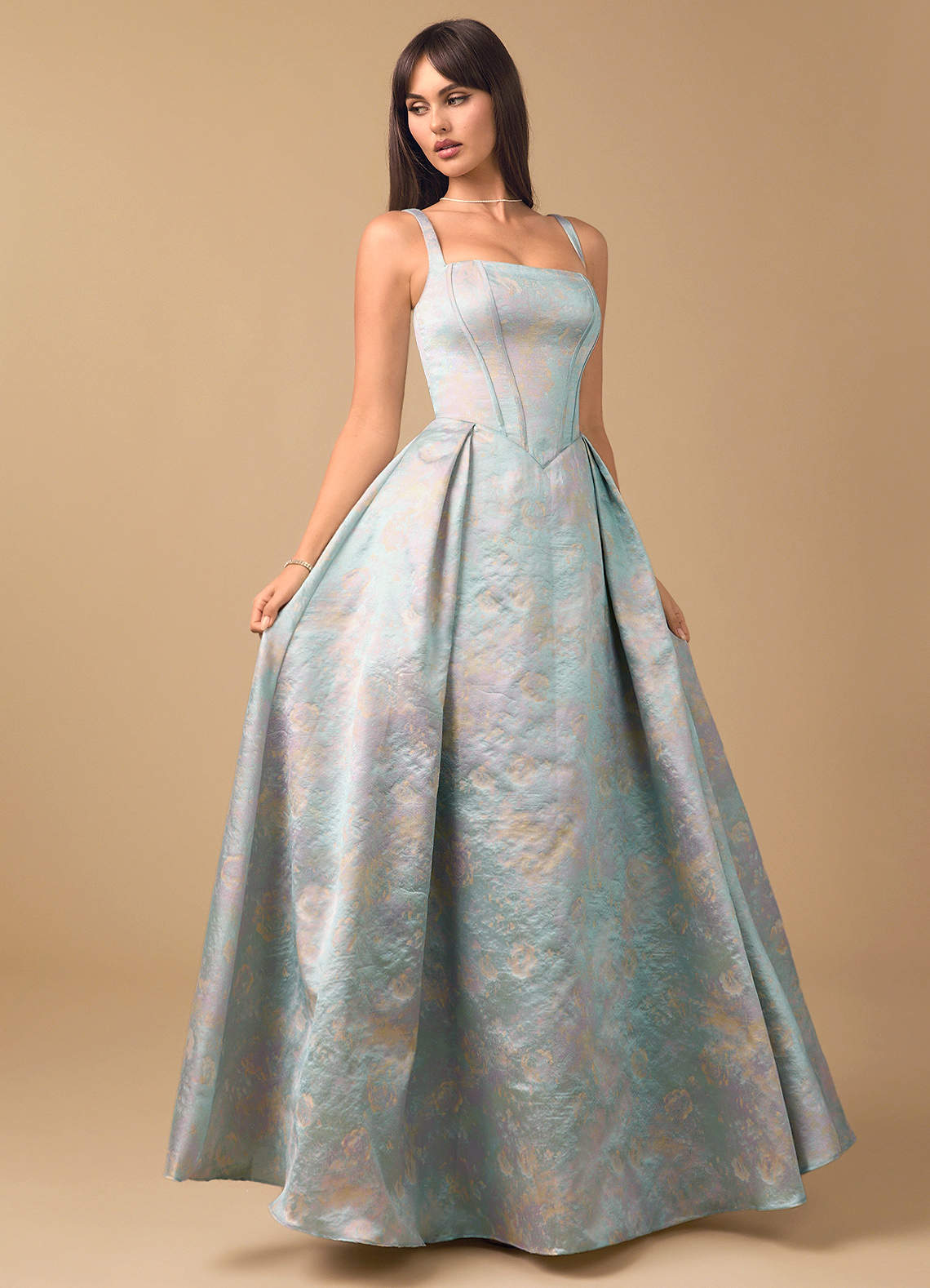 Bryn A-Line Straight-Neck Brocade Evening Dress in Powder Sky