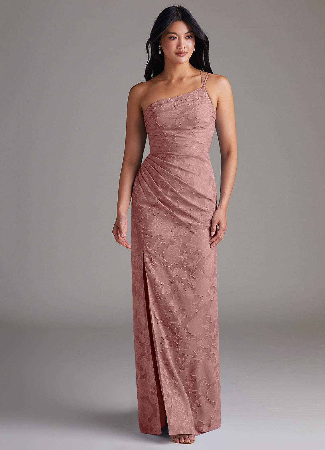 Eren Sheath One-Shoulder Floral Burnout Bridesmaid Dress in dusty rose