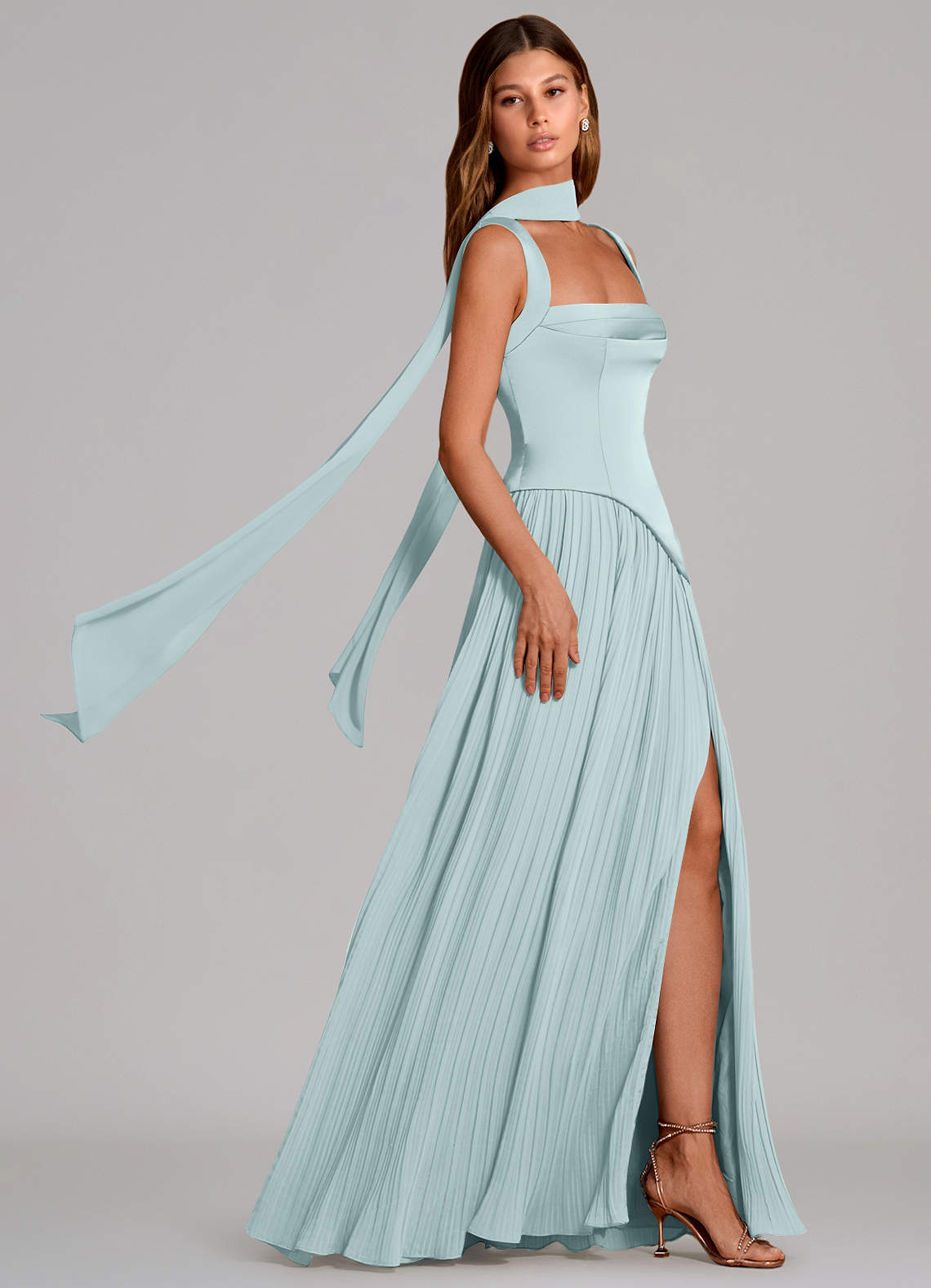 Stephanie A-Line Square-Neck Stretch Satin and Chiffon Bridesmaid Dress in Mist