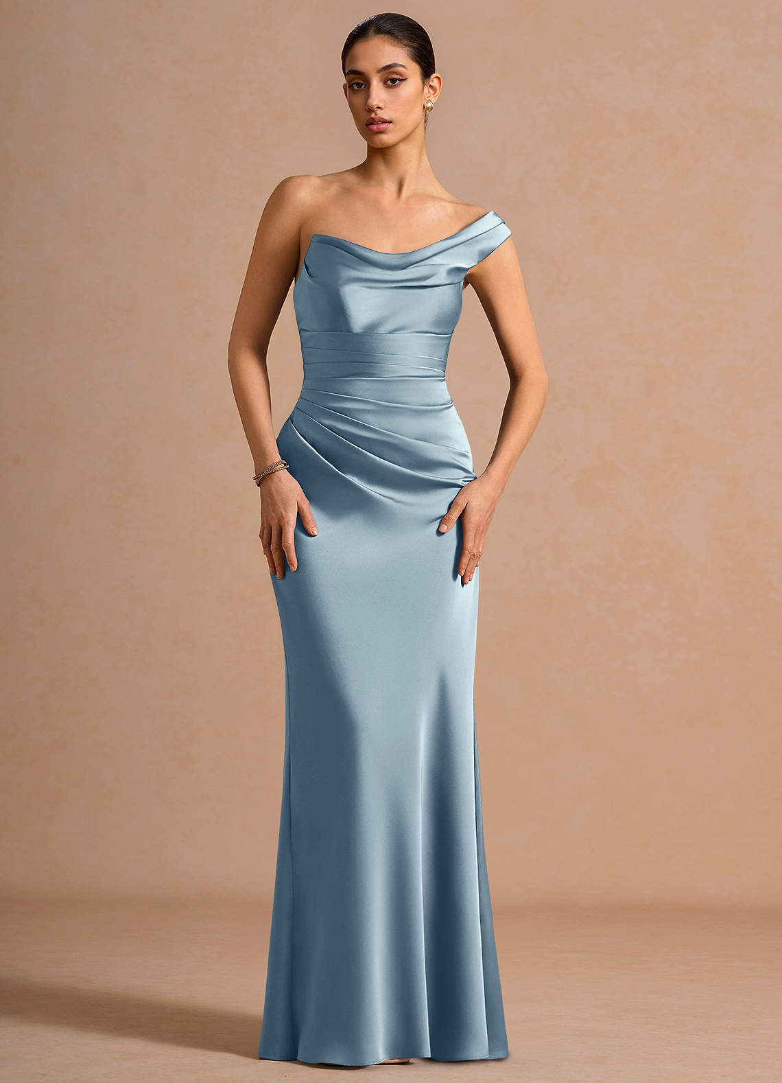 Cassiopeia One-Shoulder Draped Stretch Satin Evening Dress in Powder Blue