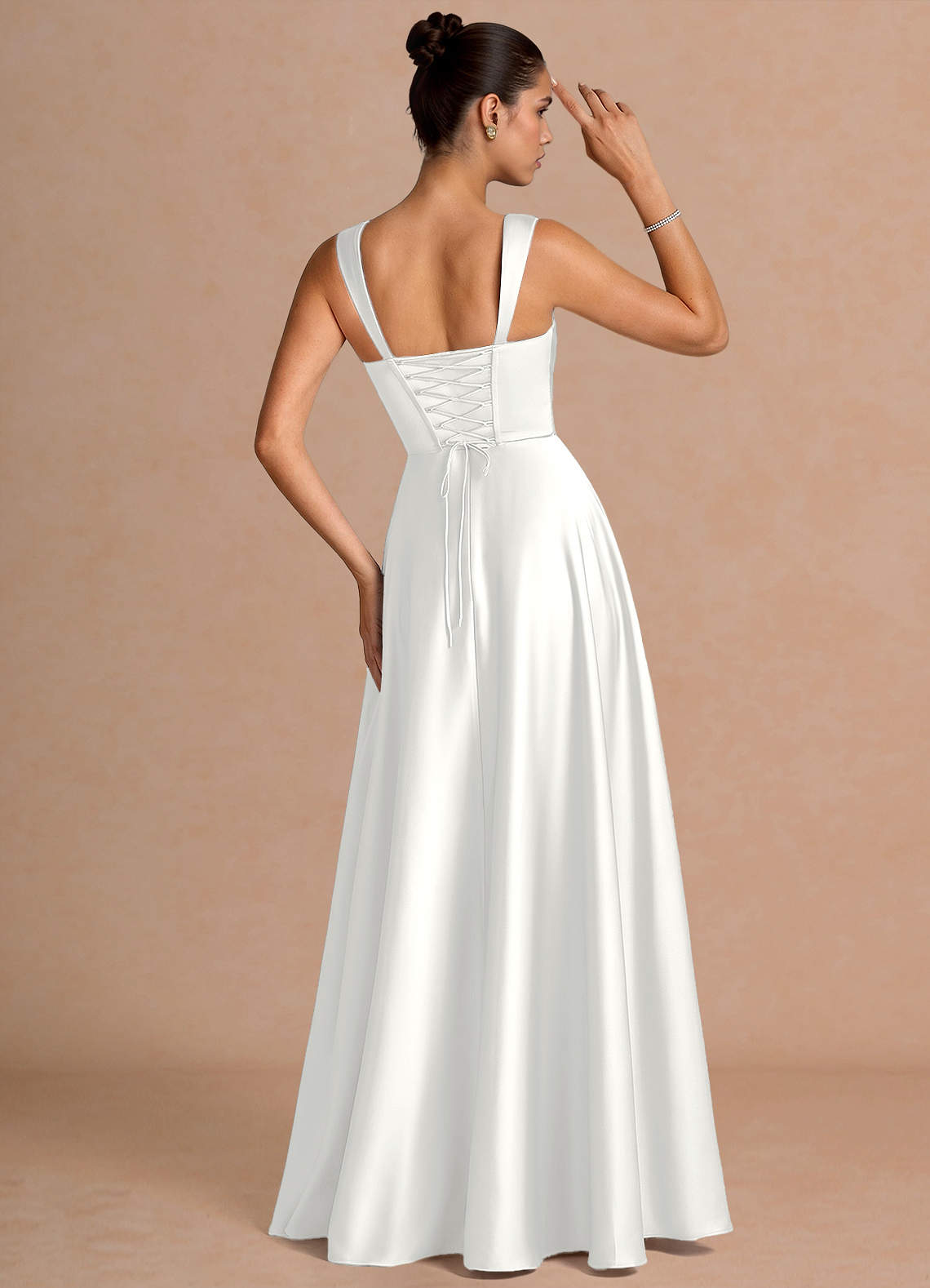 Azaria A-Line Square-Neck Stretch Satin Wedding Guest Dress in White