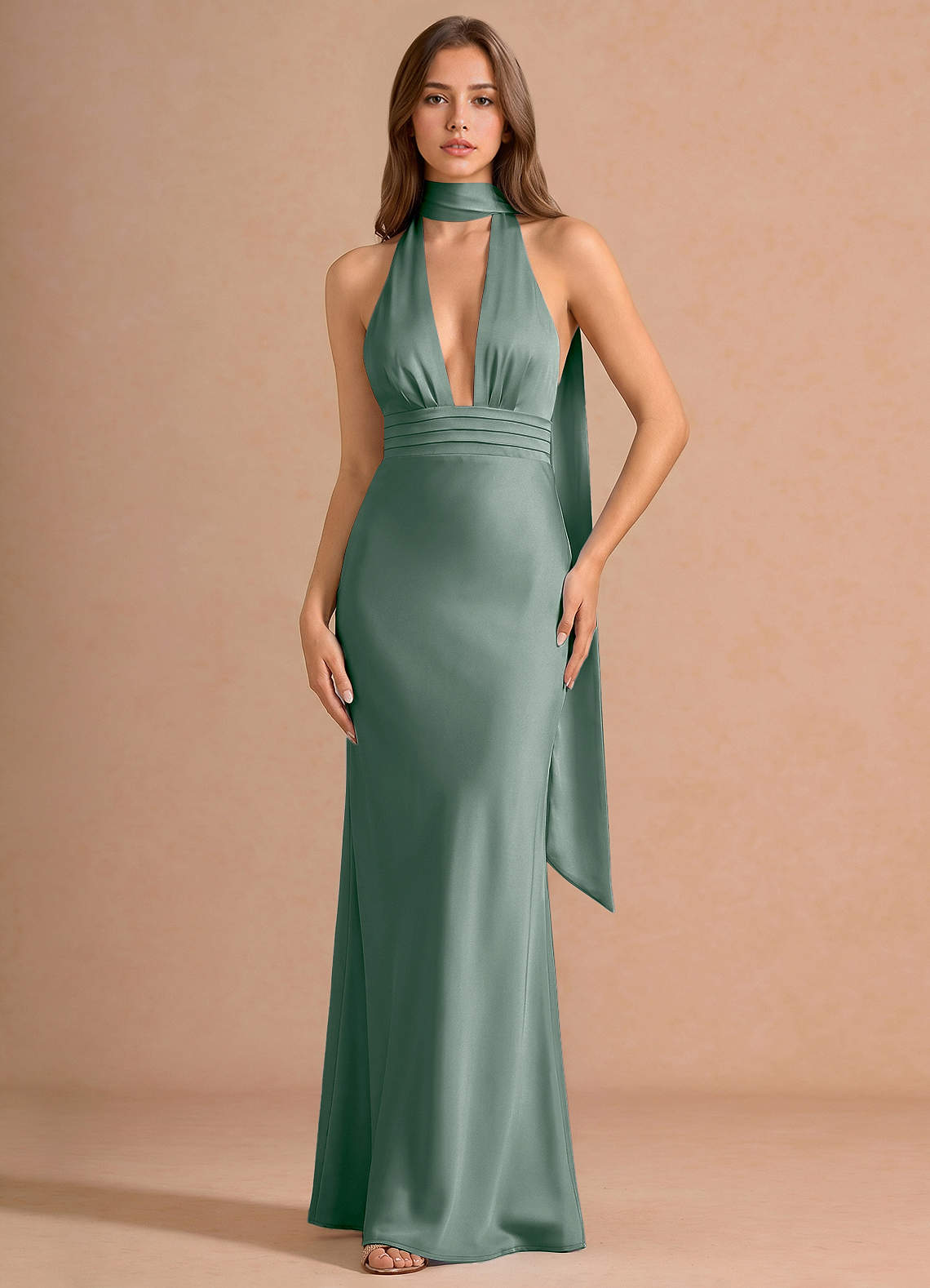 Linnea A-Line V-Neck Stretch Satin Evening Dress in Vintage Sage
