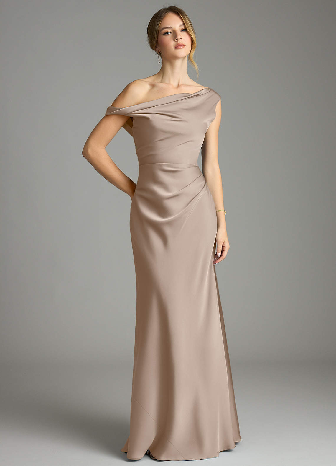 Emerson Mermaid One-Shoulder Stretch Satin Bridesmaid Dress in Taupe