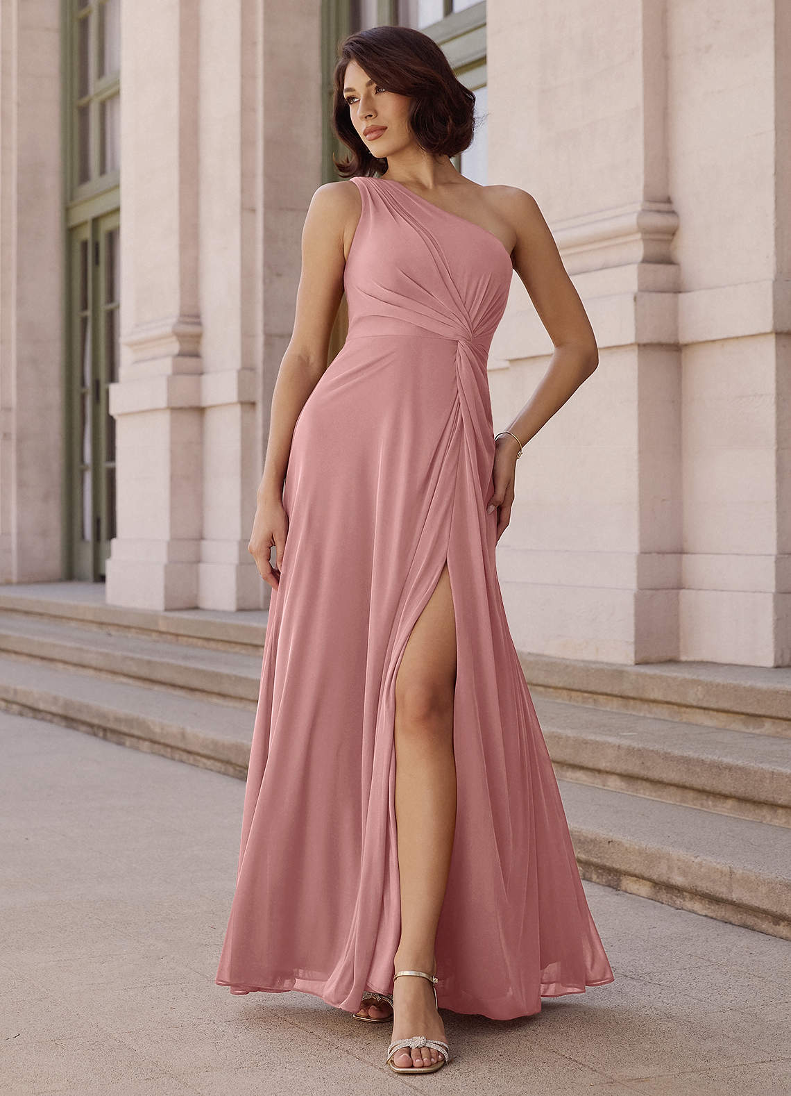 Brooke A-Line One-Shoulder Chiffon Bridesmaid Dress in dusty rose