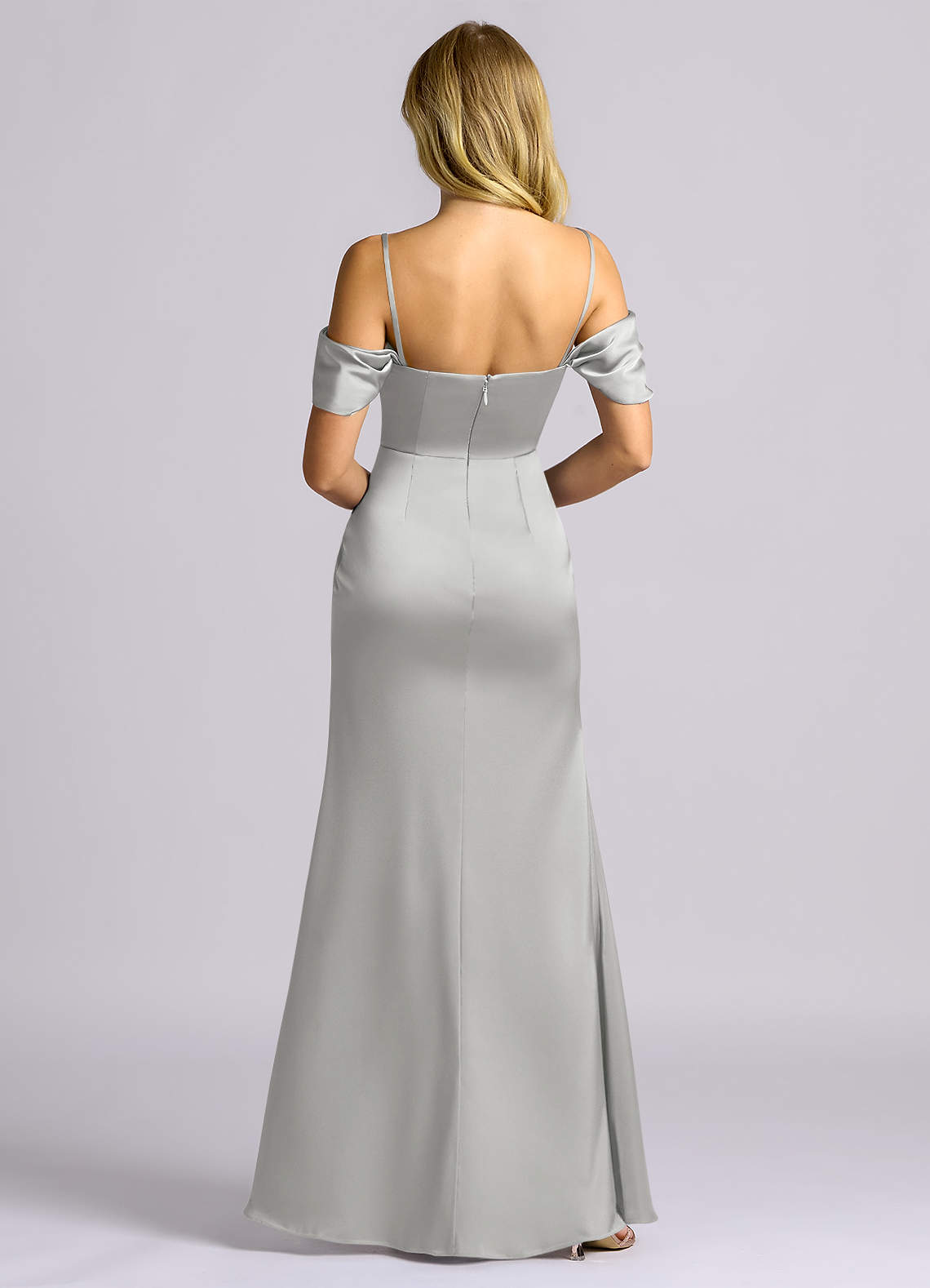 Auden Sheath Off-the-Shoulder Stretch Satin Bridesmaid Dress in Silver