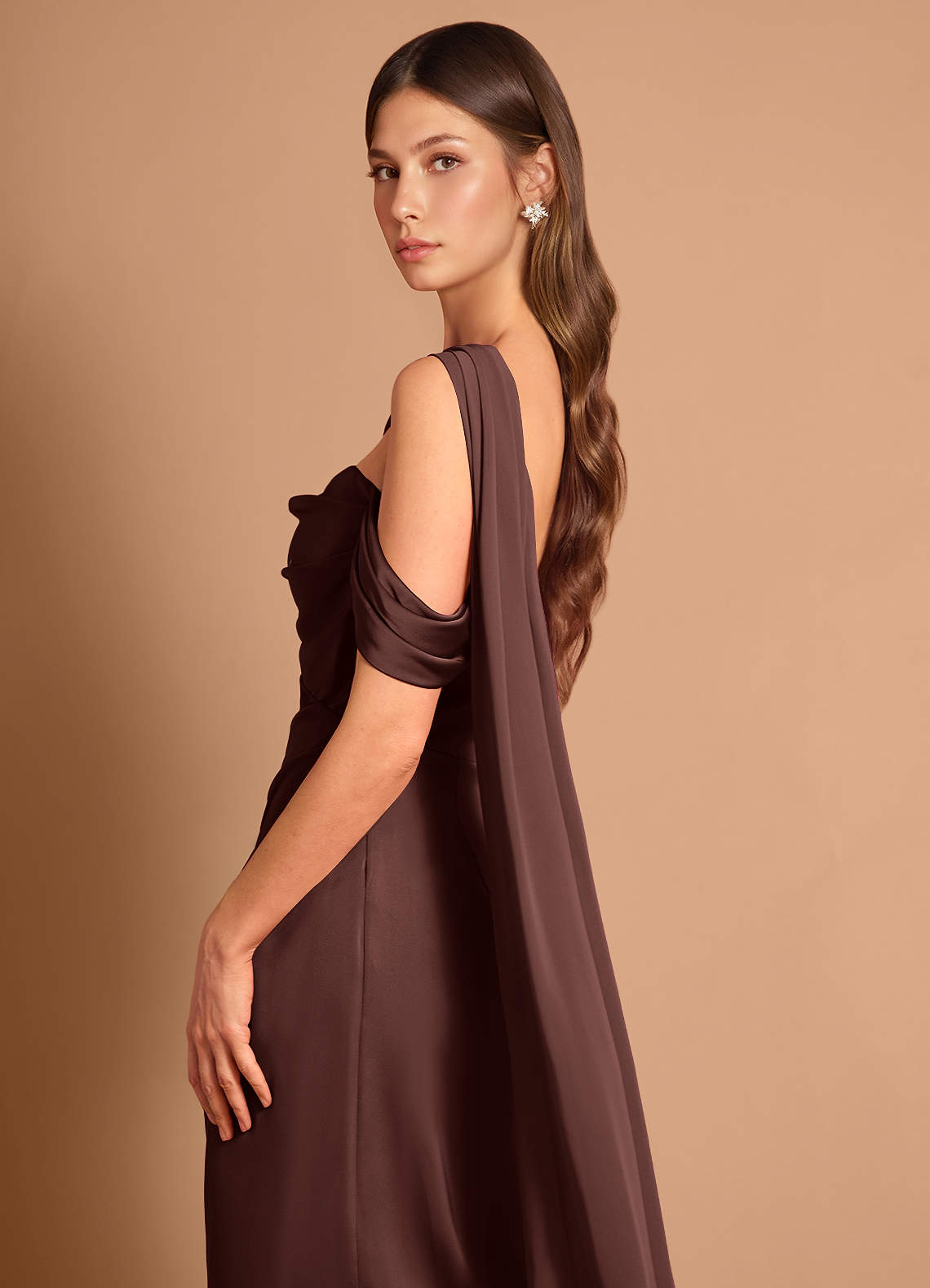 Meliora Asymmetric Strapless Chiffon-Drape Stretch Satin Evening Dress in Mocha Coco