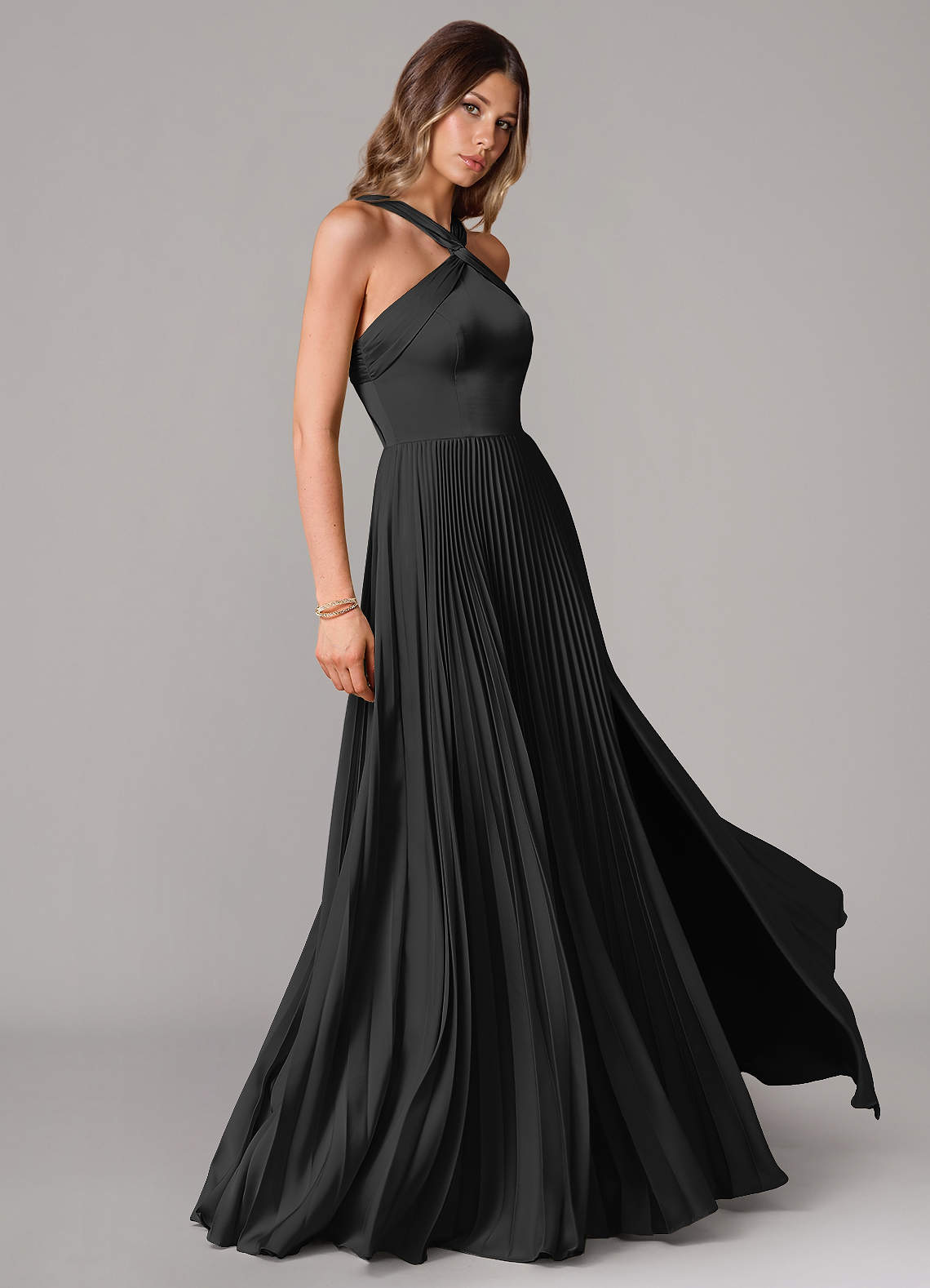 Afra A-Line Halter-Neck Stretch Satin Bridesmaid Dress in black