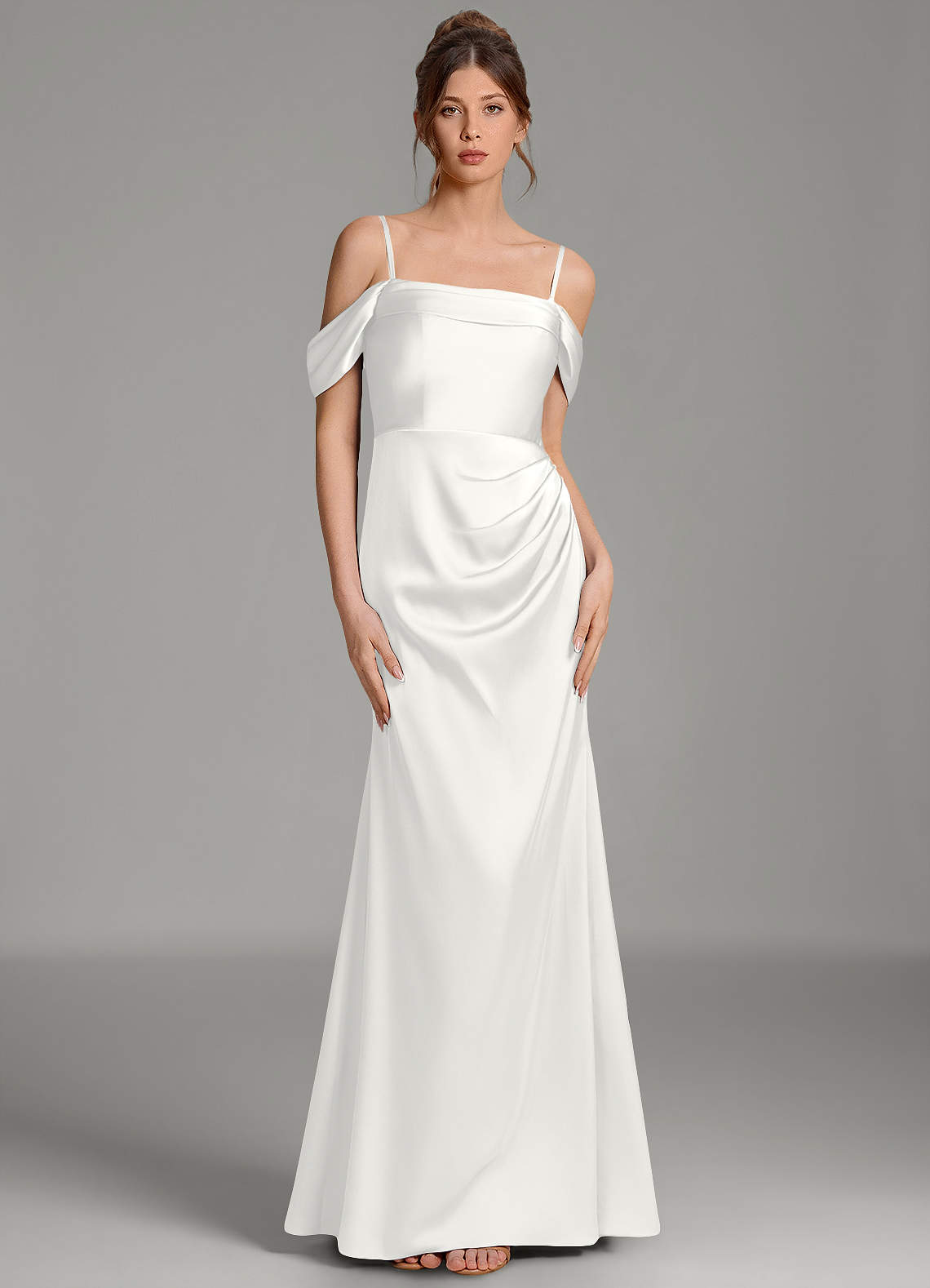Wyatt Mermaid Off-the-Shoulder Stretch Satin Bridesmaid Dress in white