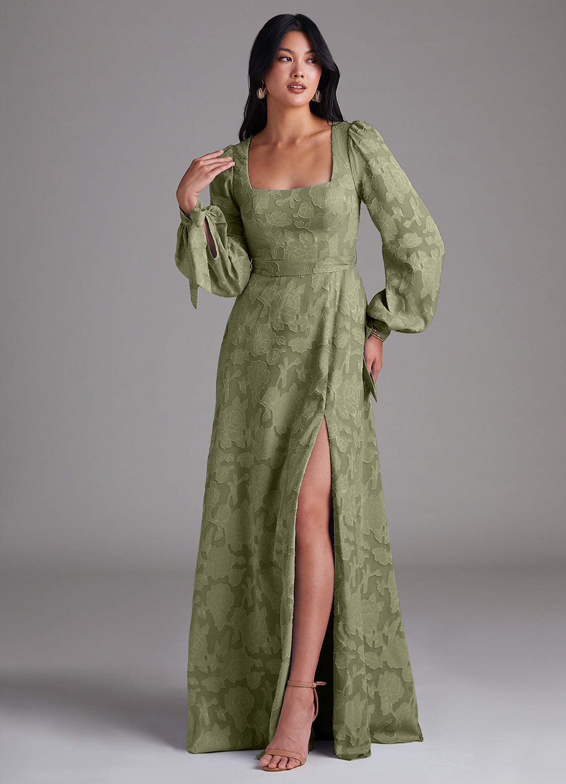 Leonia A-Line Square-Neck Stretch Satin Bridesmaid Dress in Pistachio