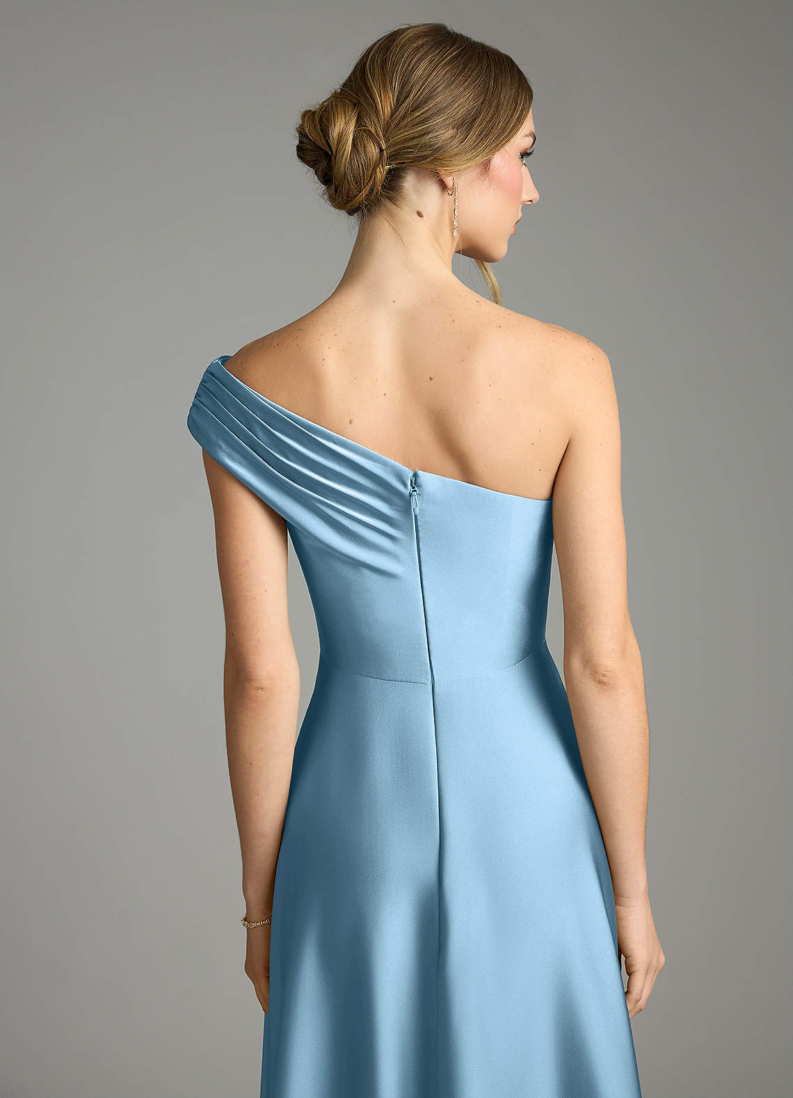 Melanie A-Line One-Shoulder Stretch Satin Bridesmaid Dress in Steel Blue