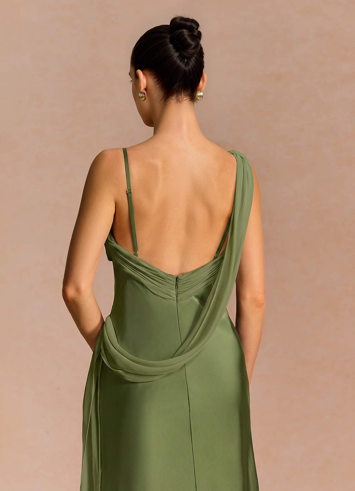 Ixchel A-Line Corset Crepe Chiffon Evening Dress in Olive