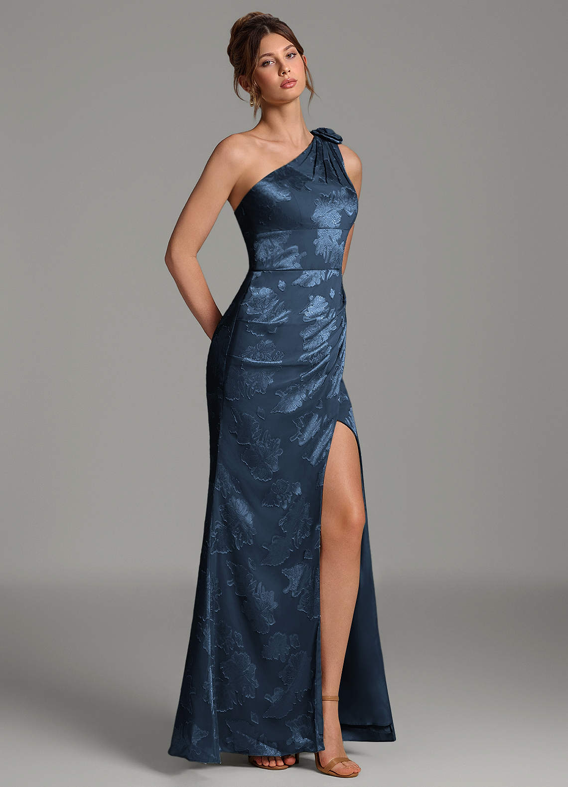 Yanie Mermaid One-Shoulder Jacquard Bridesmaid Dress in Dark Navy