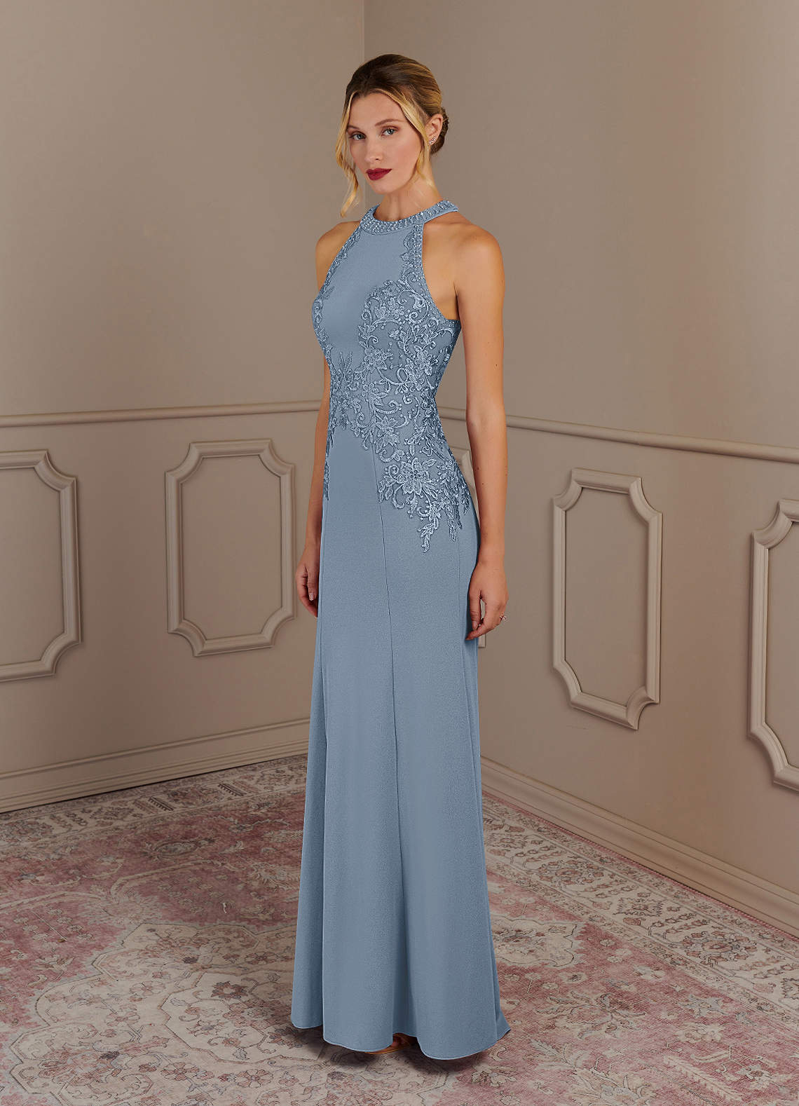 Tyra Mermaid Halter Tulle and Stretch Crepe Mother of the Bride Dress in dusty blue