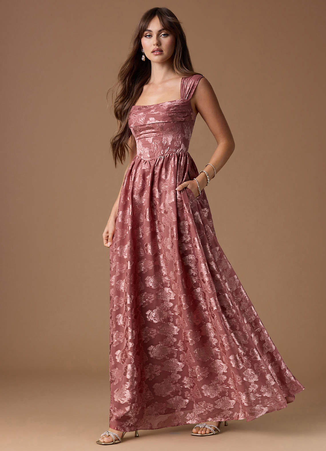 Hazel A-Line Cowl-Neck Fil Coupé Wedding Guest Dress in Vintage Rose
