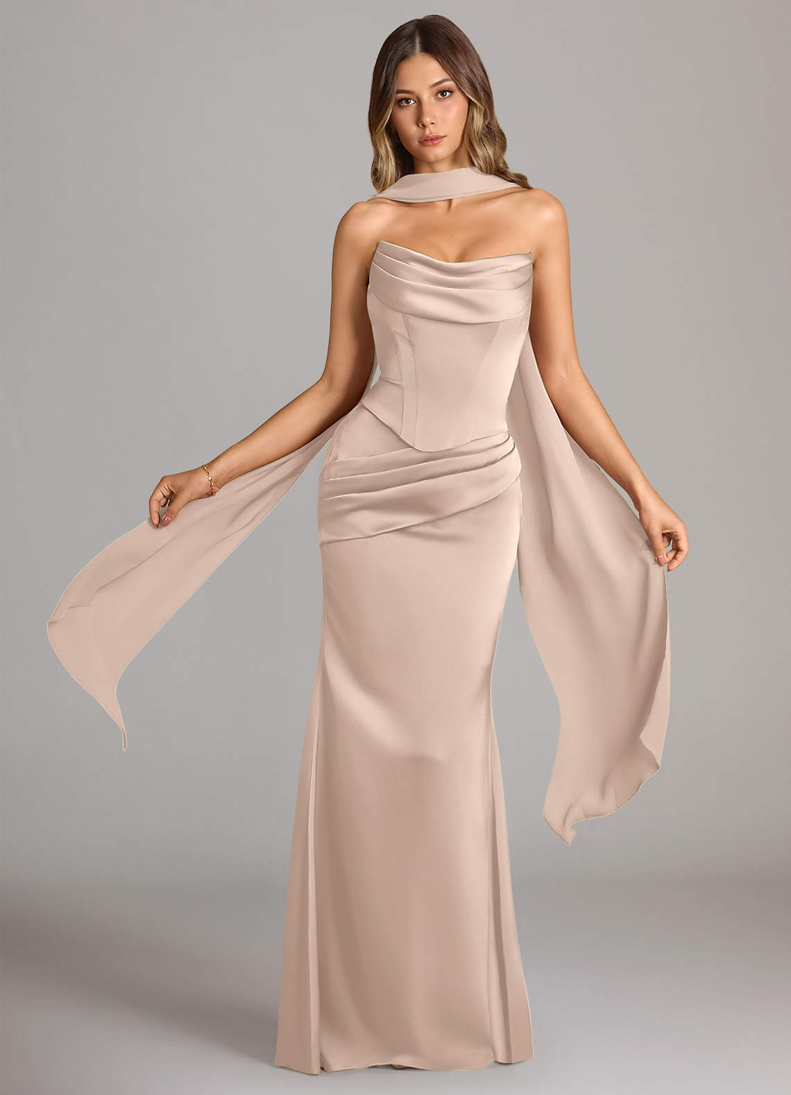 Sorrel Mermaid Cowl-Neck Stretch Satin and Chiffon Bridesmaid Dress in English Rose