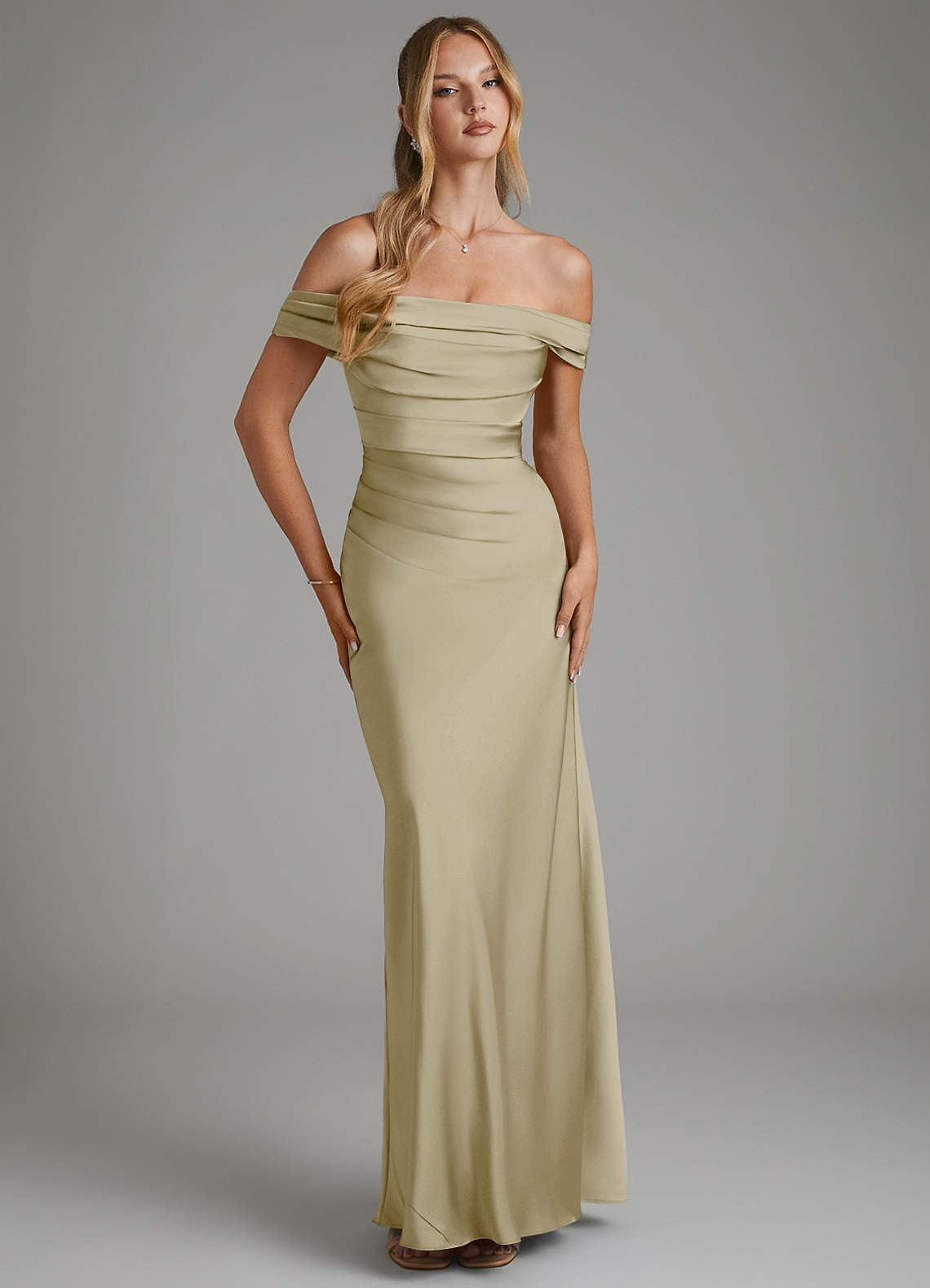 Hayden Mermaid Off-the-Shoulder Stretch Satin Bridesmaid Dress in Moss Green