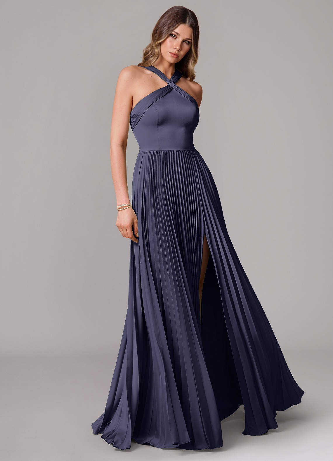 Afra A-Line Halter-Neck Stretch Satin Bridesmaid Dress in Stormy