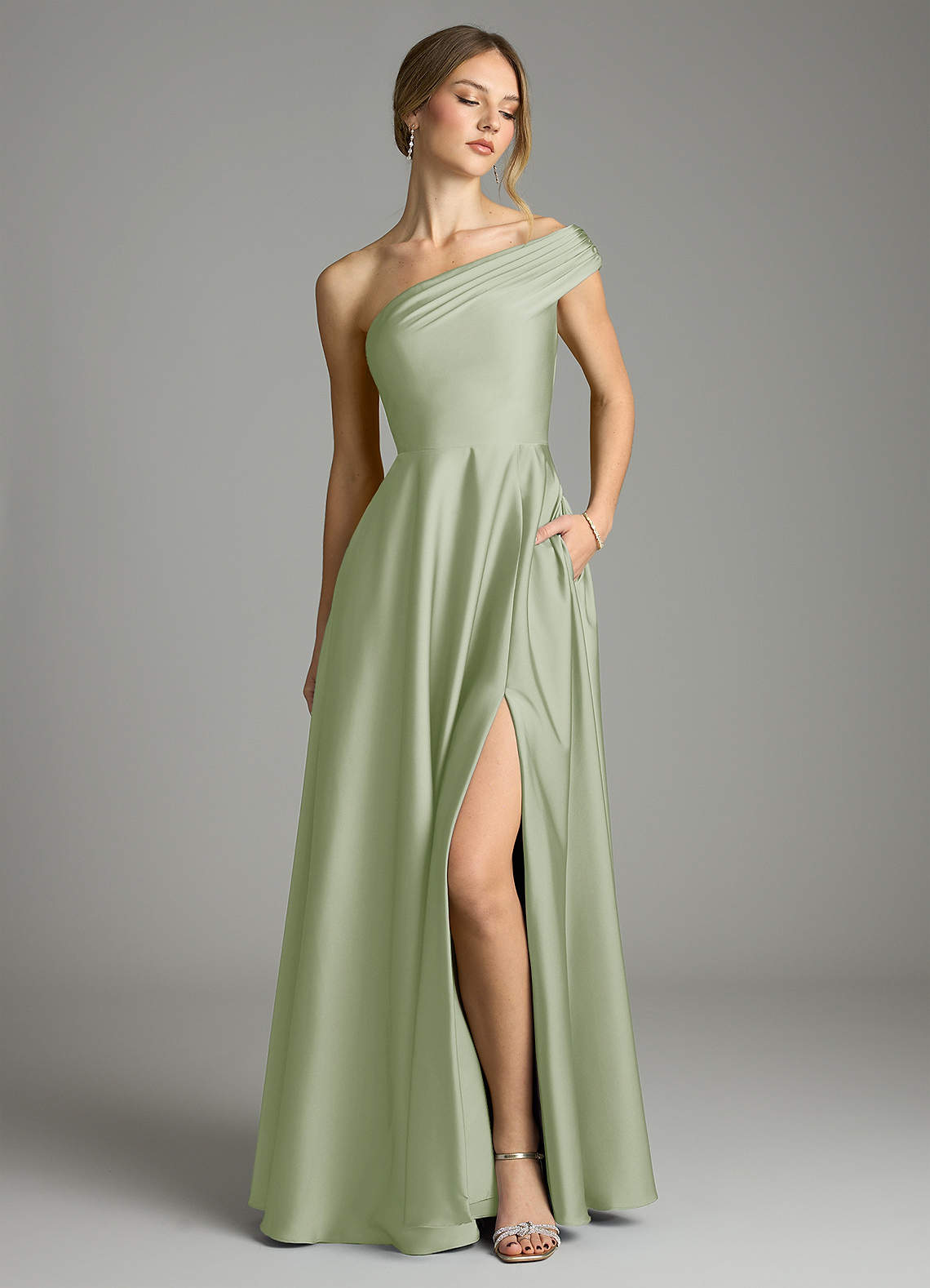 Melanie A-Line One-Shoulder Stretch Satin Bridesmaid Dress in Dusty Sage