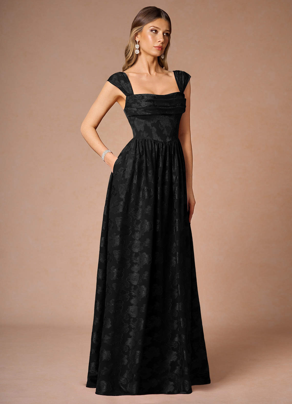 Hazel A-Line Cowl-Neck Fil Coupé Wedding Guest Dress in Black