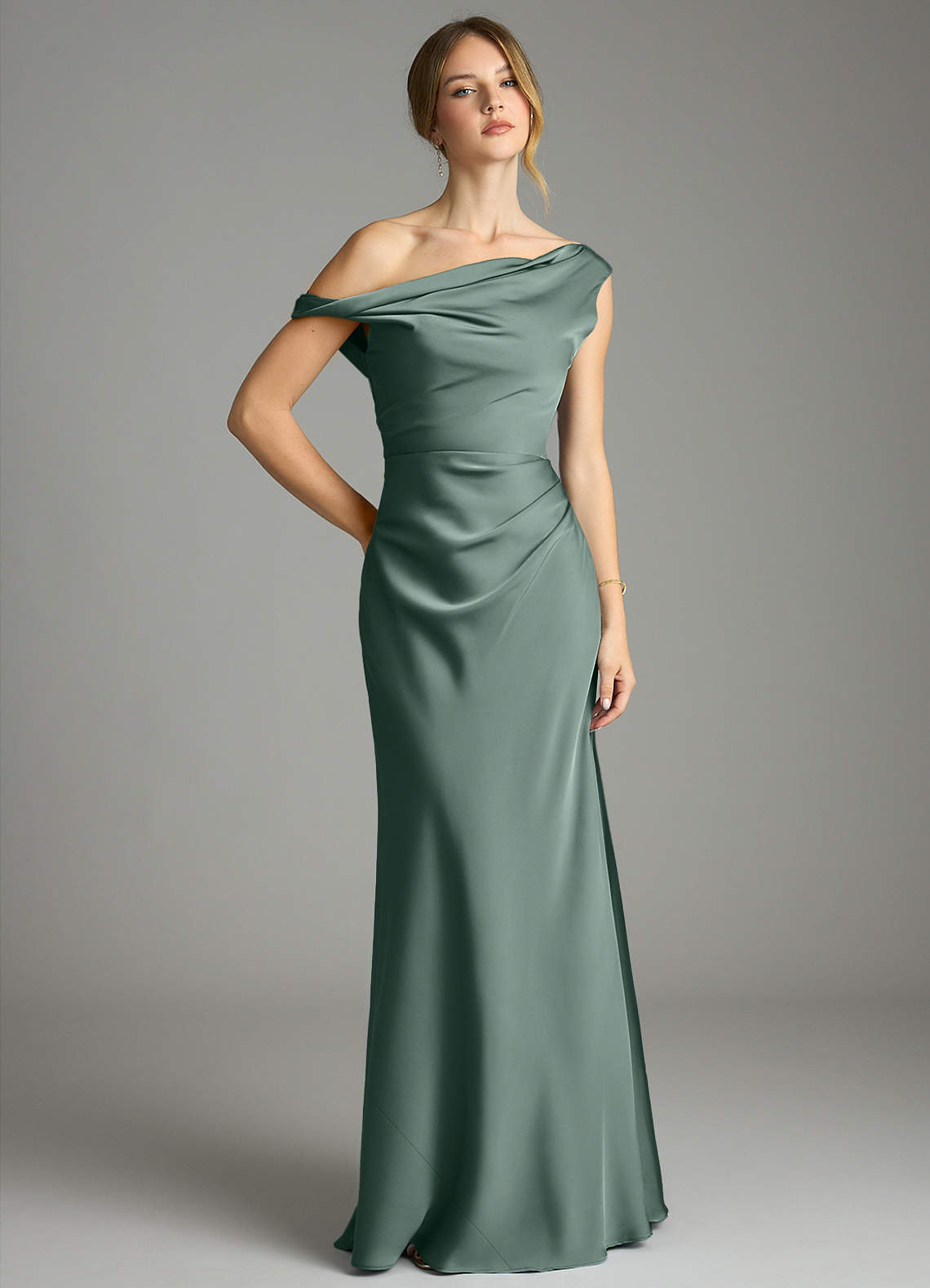 Emerson Mermaid One-Shoulder Stretch Satin Bridesmaid Dress in Sea Moss