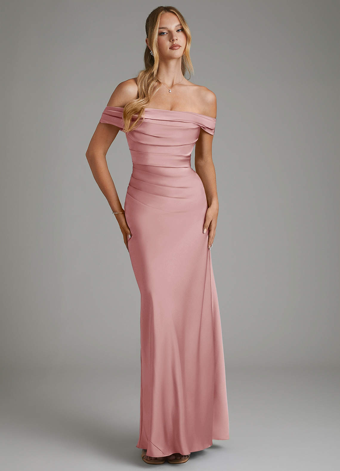 Hayden Mermaid Off-the-Shoulder Stretch Satin Bridesmaid Dress in dusty rose