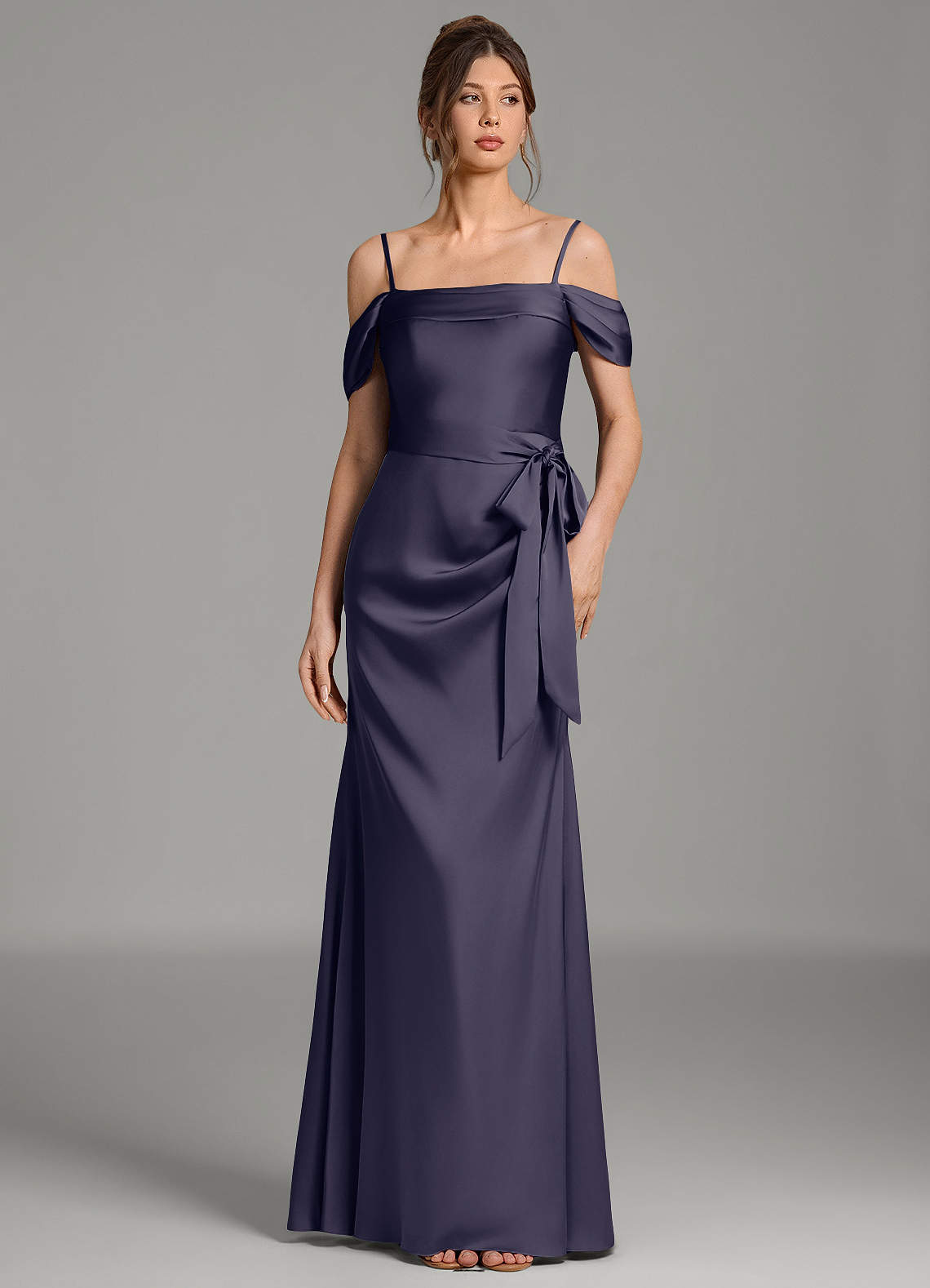 Wyatt Mermaid Off-the-Shoulder Stretch Satin Bridesmaid Dress in Stormy
