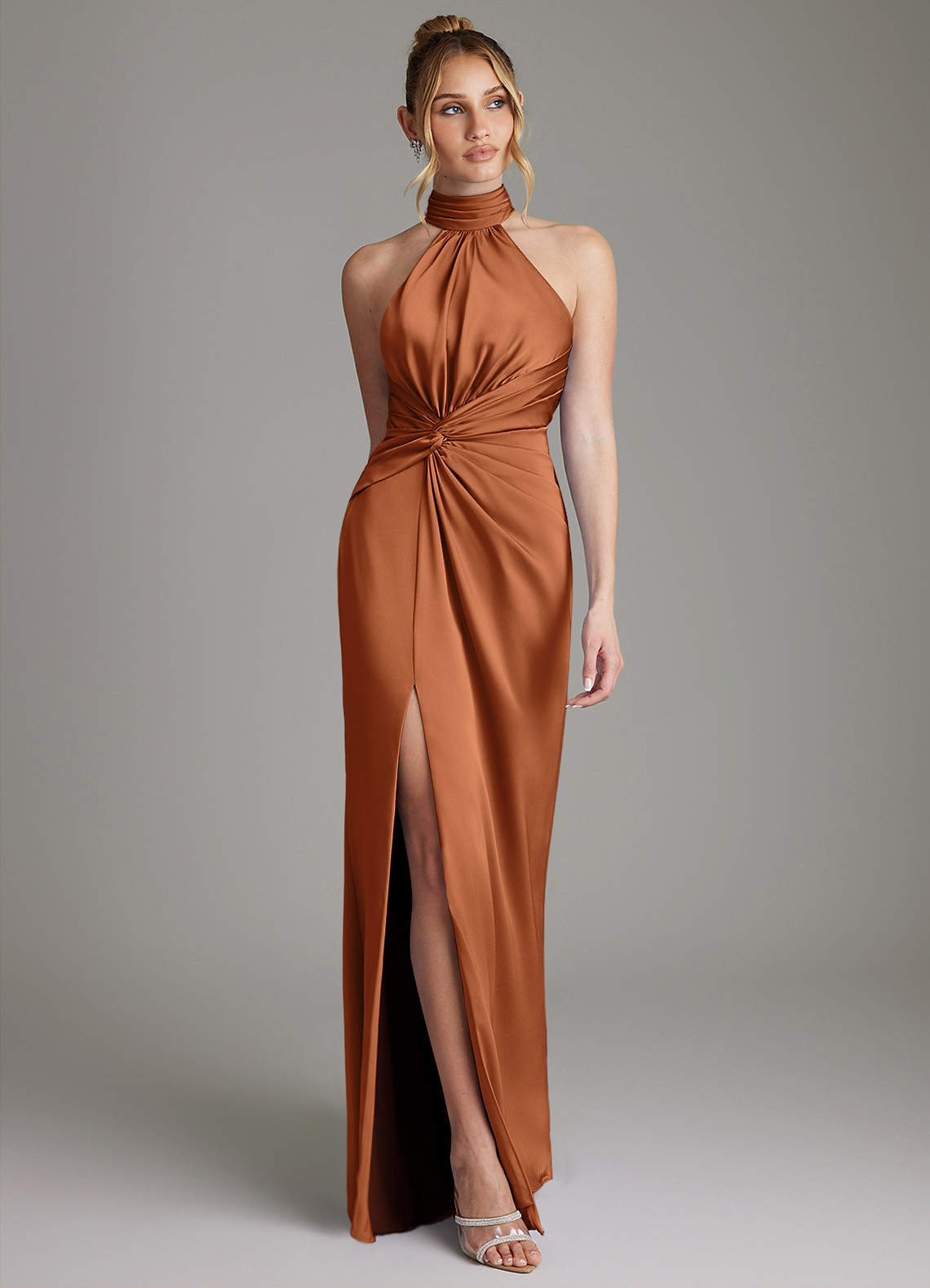 Gracelynn Sheath Halter Stretch Satin Bridesmaid Dress in Copper