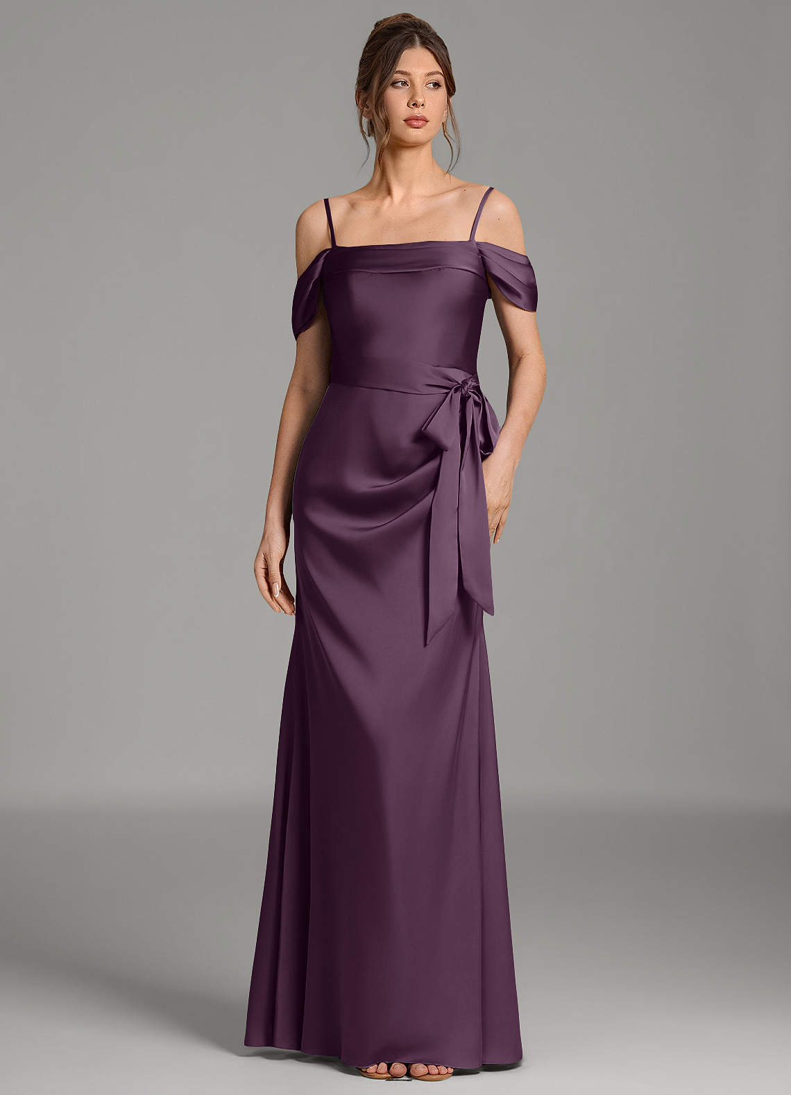 Wyatt Mermaid Off-the-Shoulder Stretch Satin Bridesmaid Dress in Plum