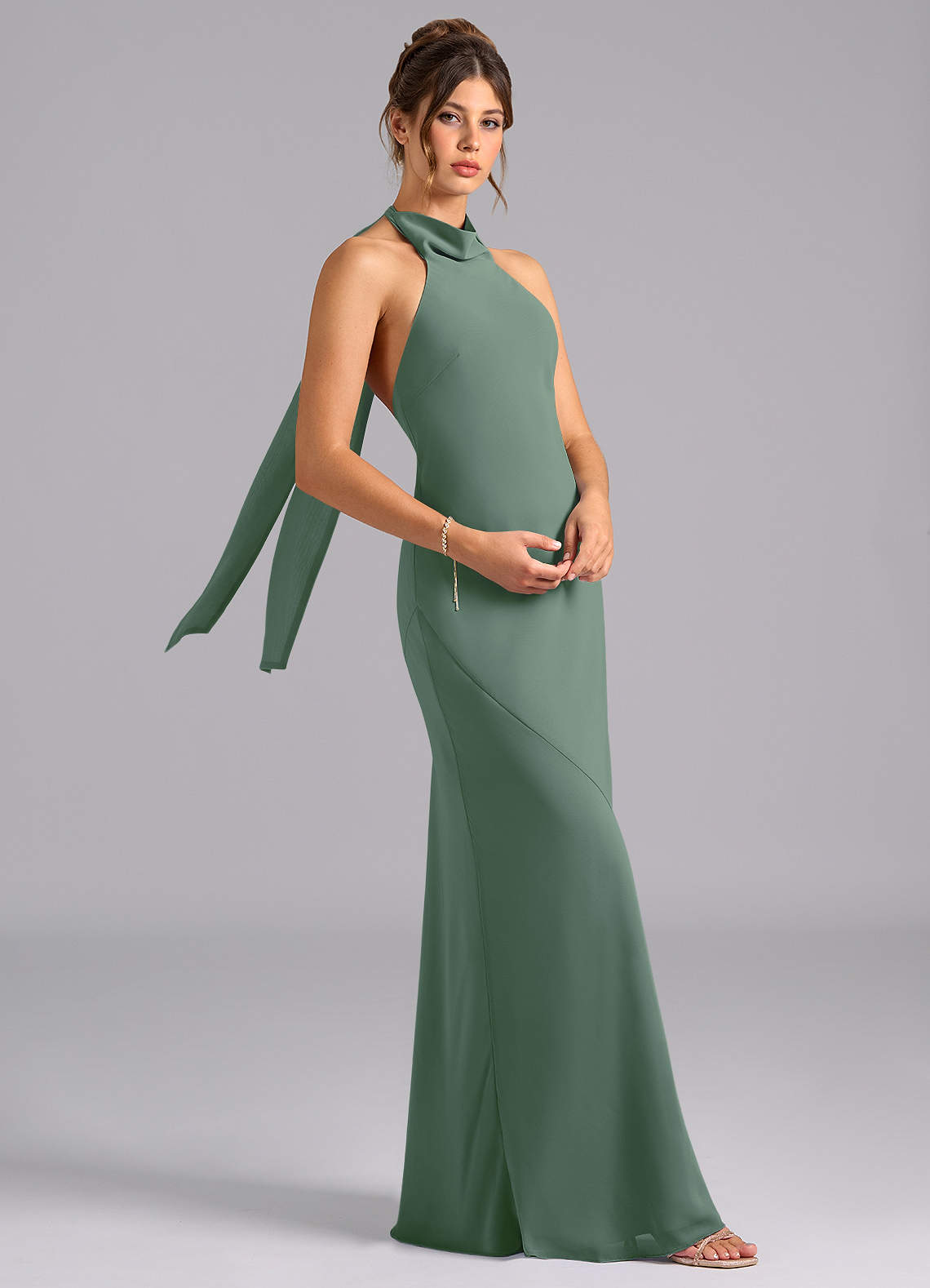 Velli Mermaid Halter Chiffon Bridesmaid Dress in Eucalyptus