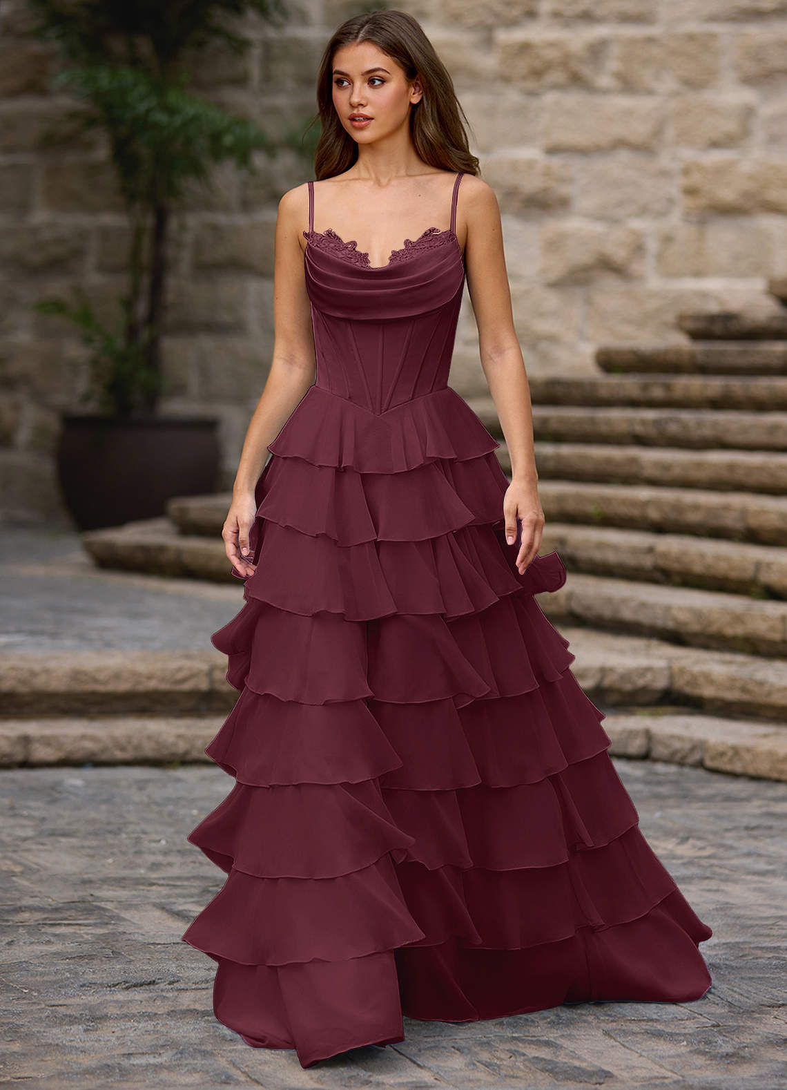 Floralace A-Line Ruffle Chiffon Evening Dress in Vanilla
