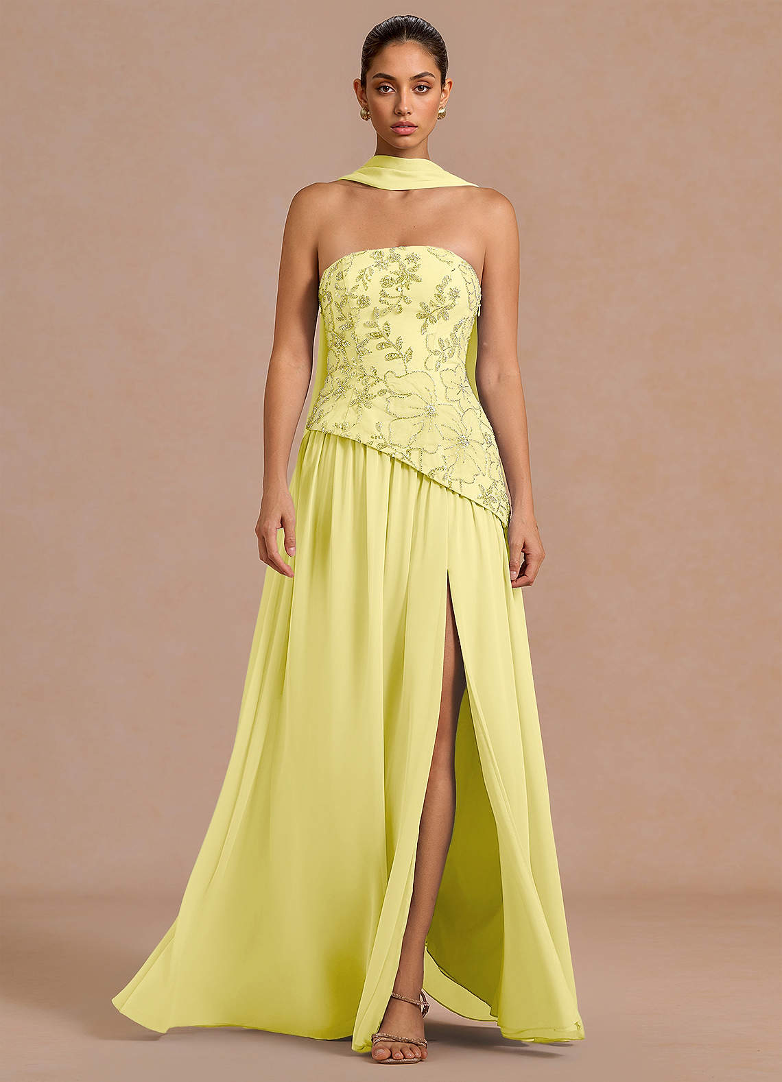 Galatea Sky Blue A-Line Floral Chiffon Evening Dress in Lemon Sorbet