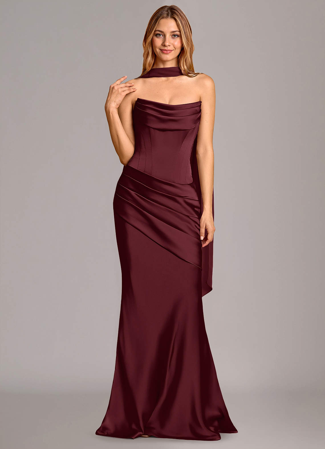 Pelagia Mermaid Cowl-Neck Stretch Satin Bridesmaid Dress in Cabernet
