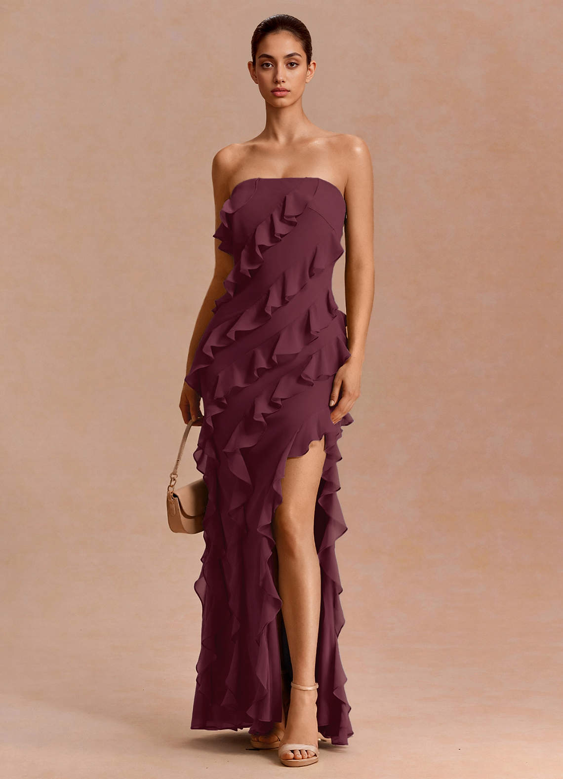 Eira A-Line Ruffle Chiffon Evening Dress in Wine