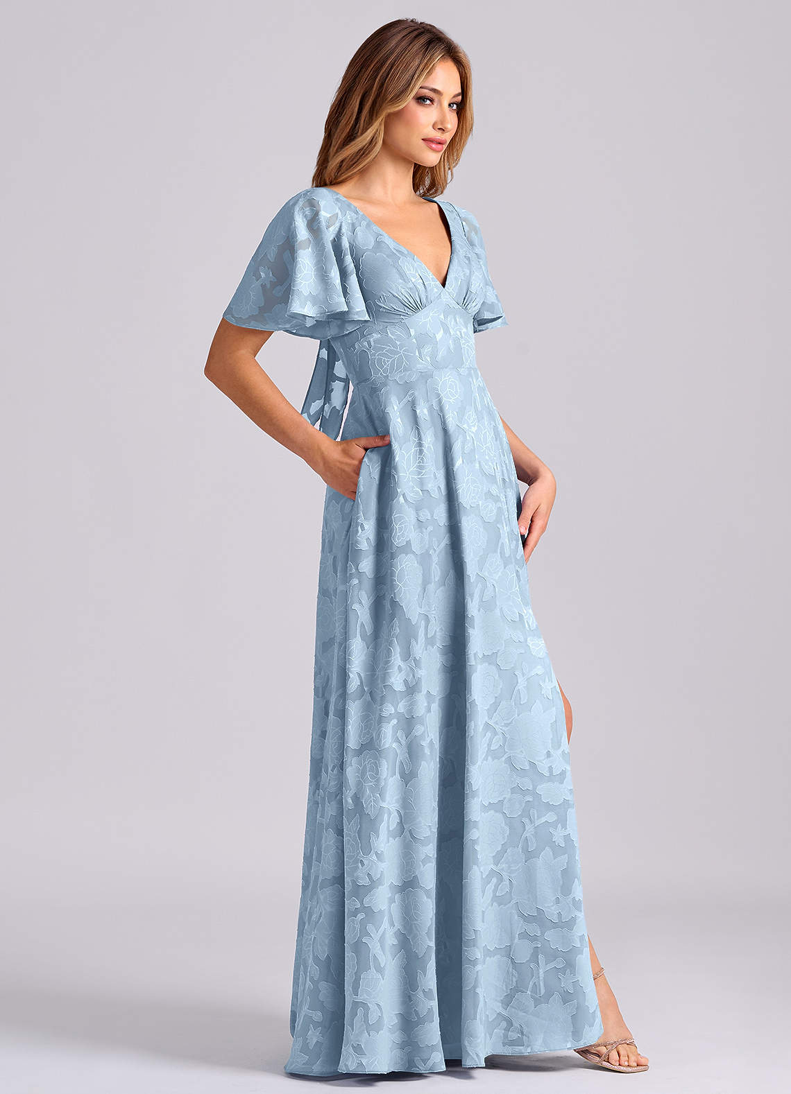 Kimber A-Line V-Neck Floral Burnout Bridesmaid Dress in Sky Blue